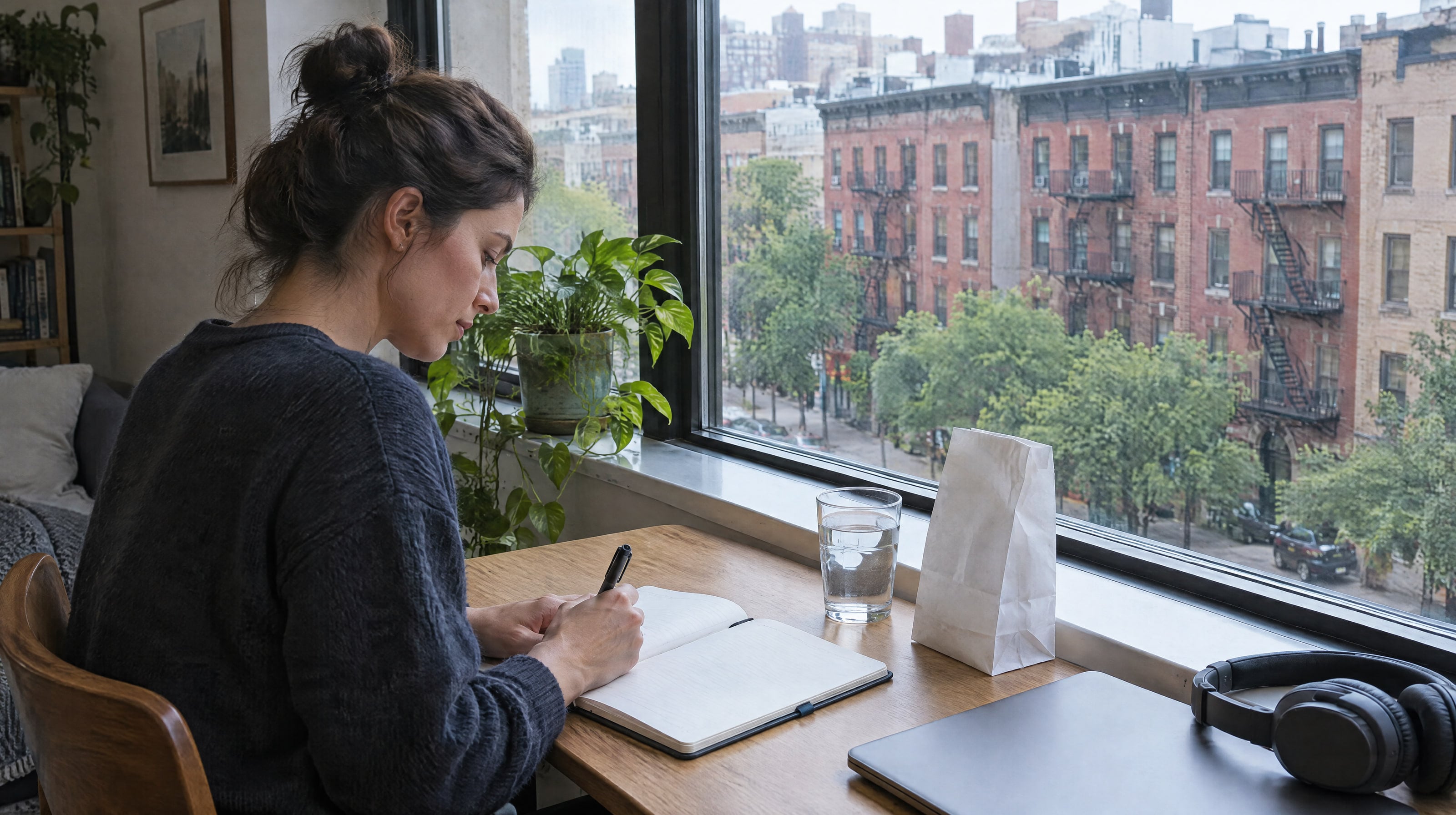 A woman writing in a planner at a desk by a window, a glass of water and a plain white paper bag beside her.