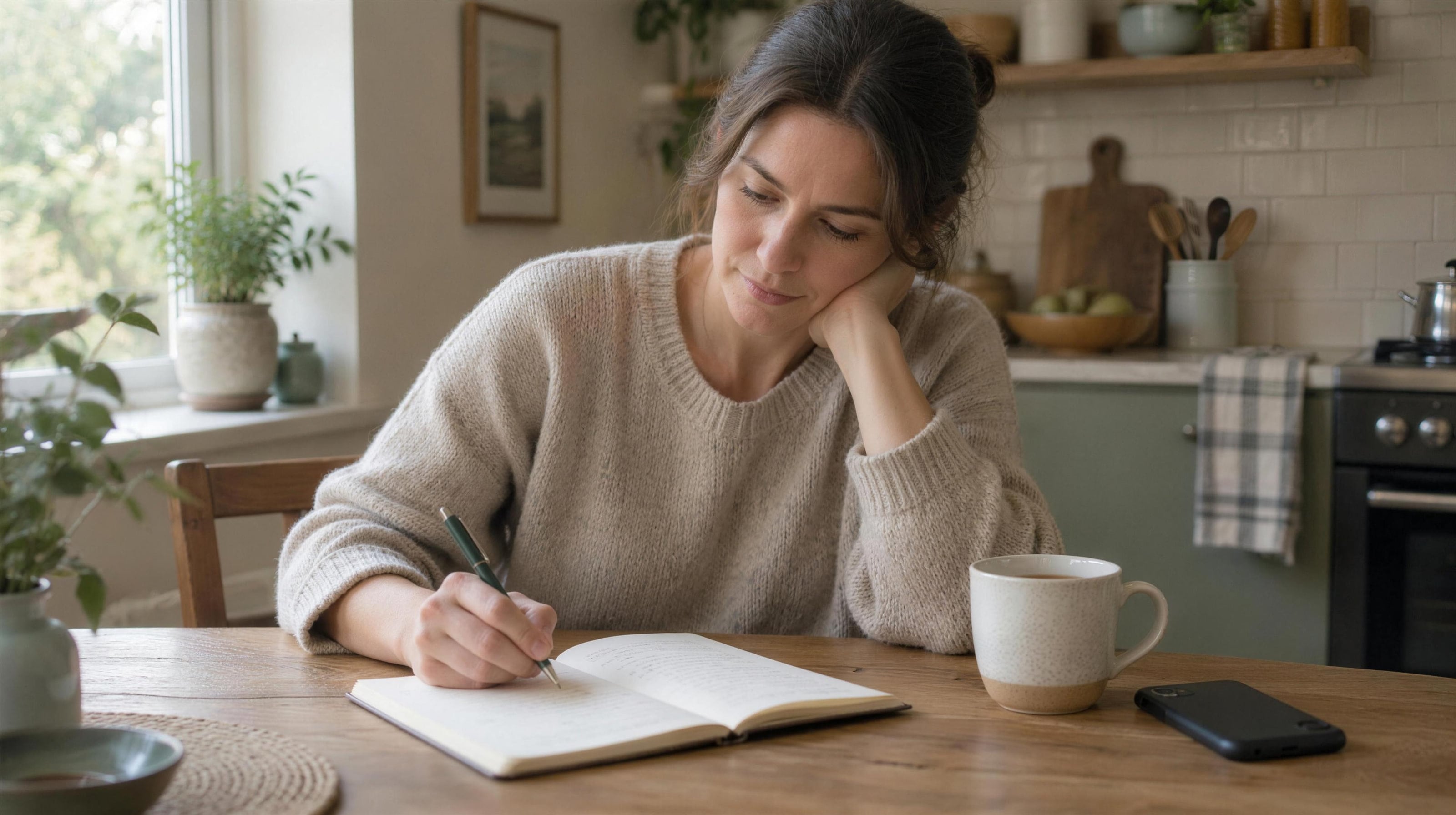 A woman writing questions in a notebook at a kitchen table, a mug beside her.