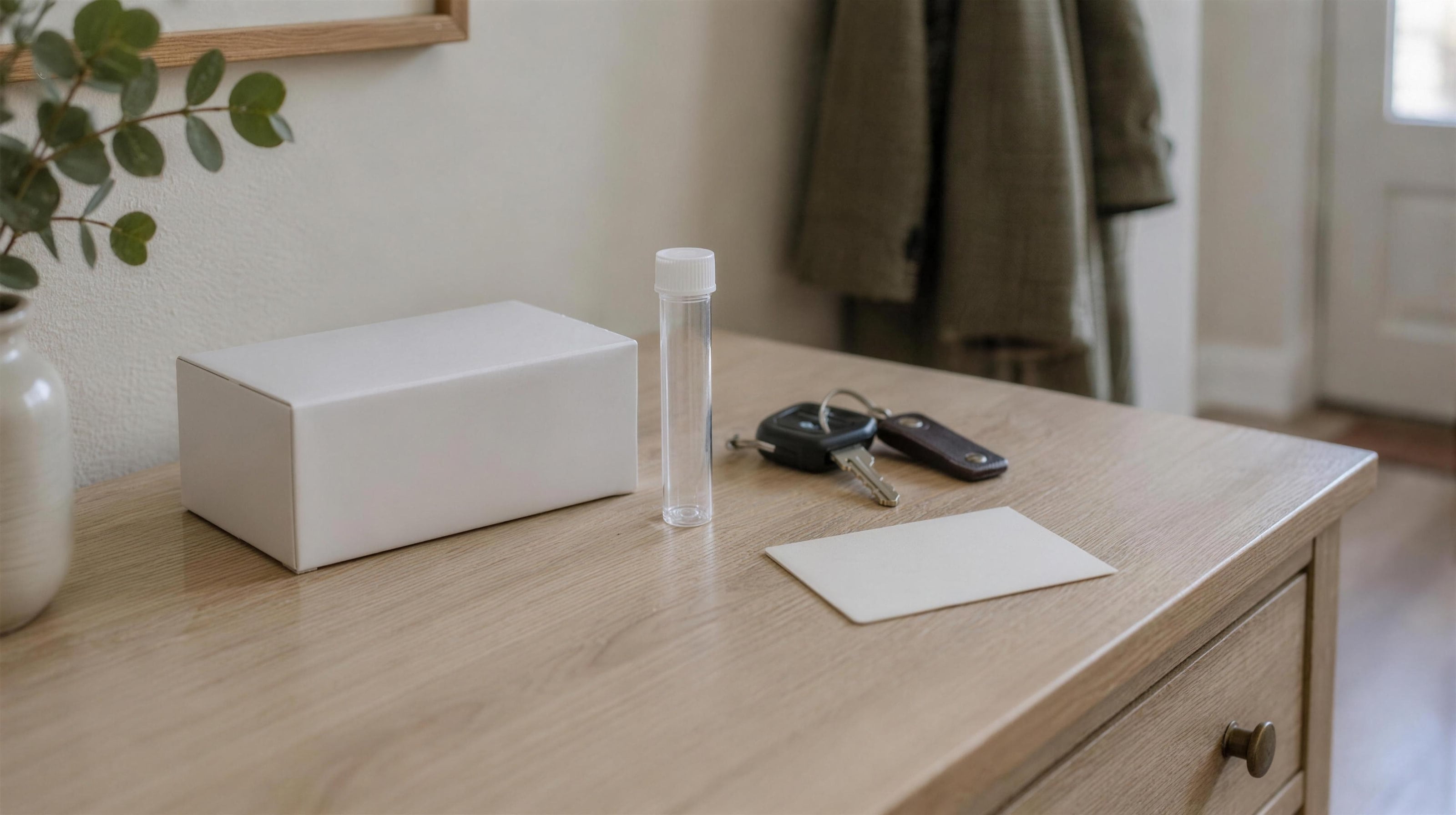 A plain kit box, an empty sample tube, car keys and a blank appointment card on a hallway console.