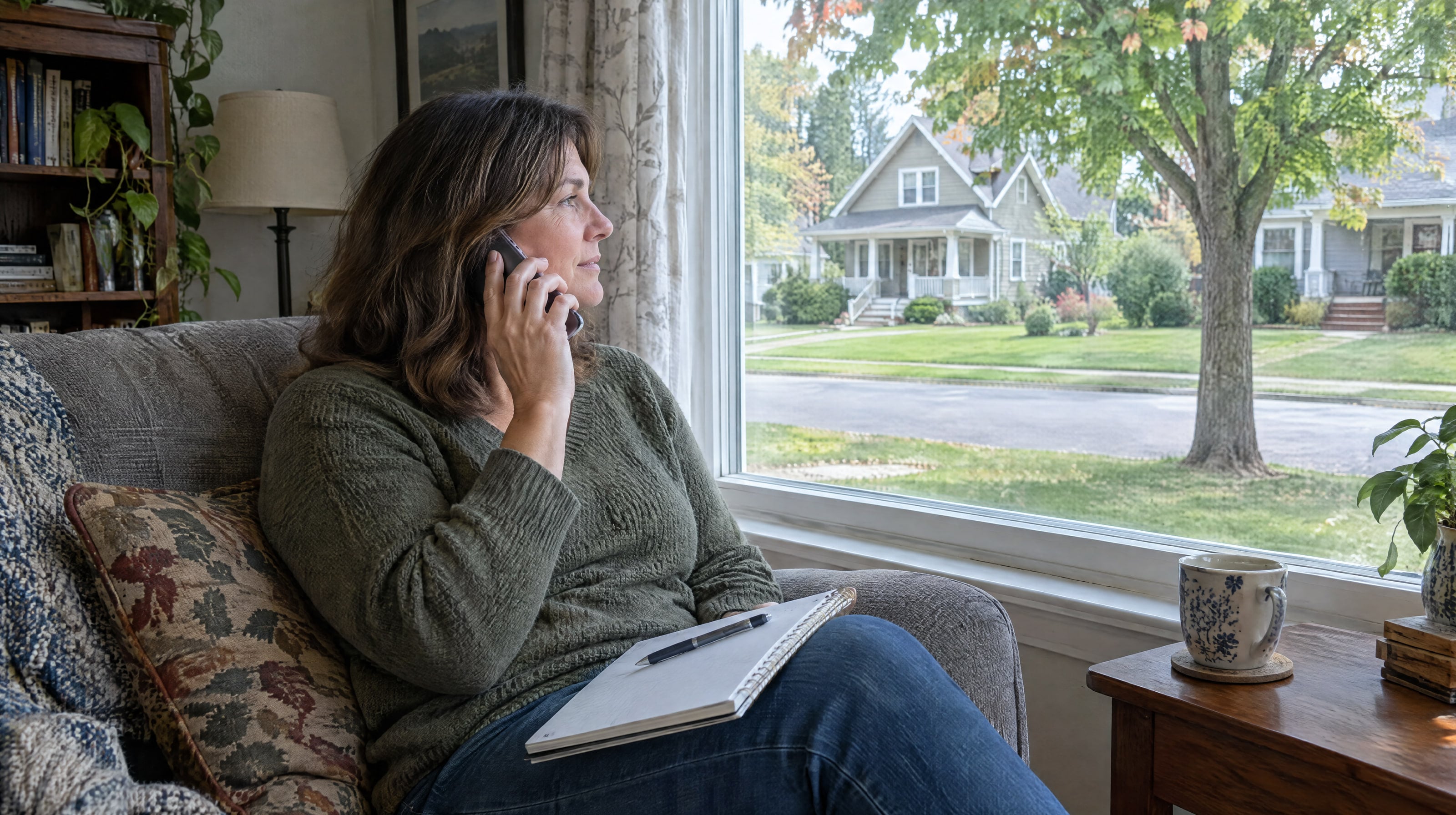 A woman in her forties on a sofa by a window, a phone to her ear and a notebook and pen on her knee.