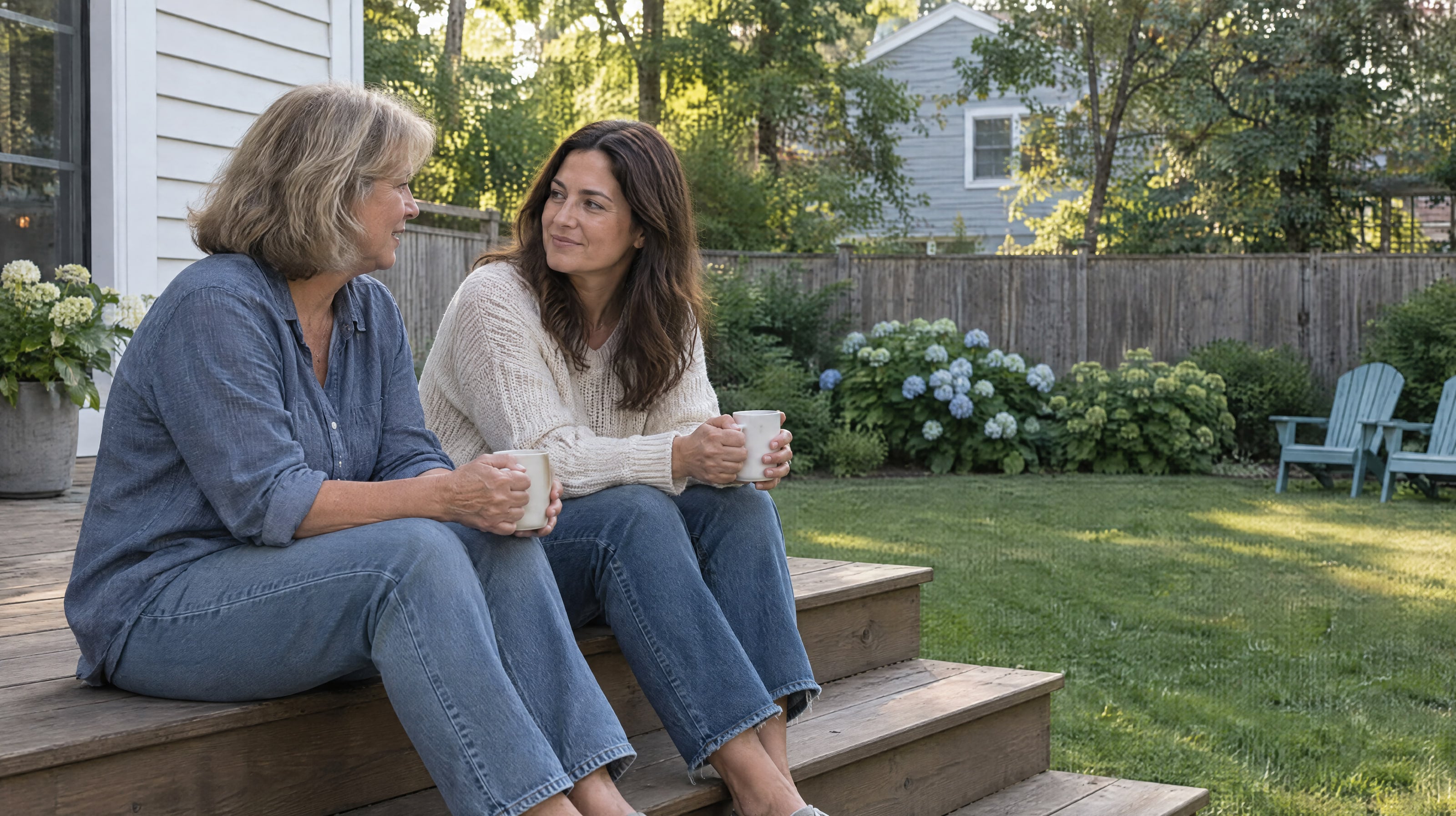 A mother and her adult daughter sitting on the steps of a back deck with mugs, talking, a backyard lawn and hydrangeas behind them.