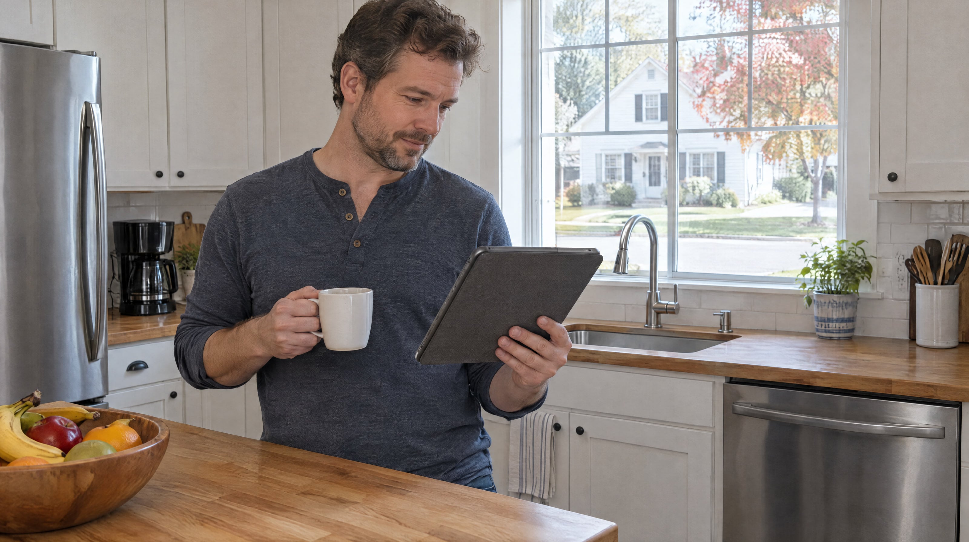 A man in a kitchen in the morning, reading a tablet with a mug of coffee in his other hand.