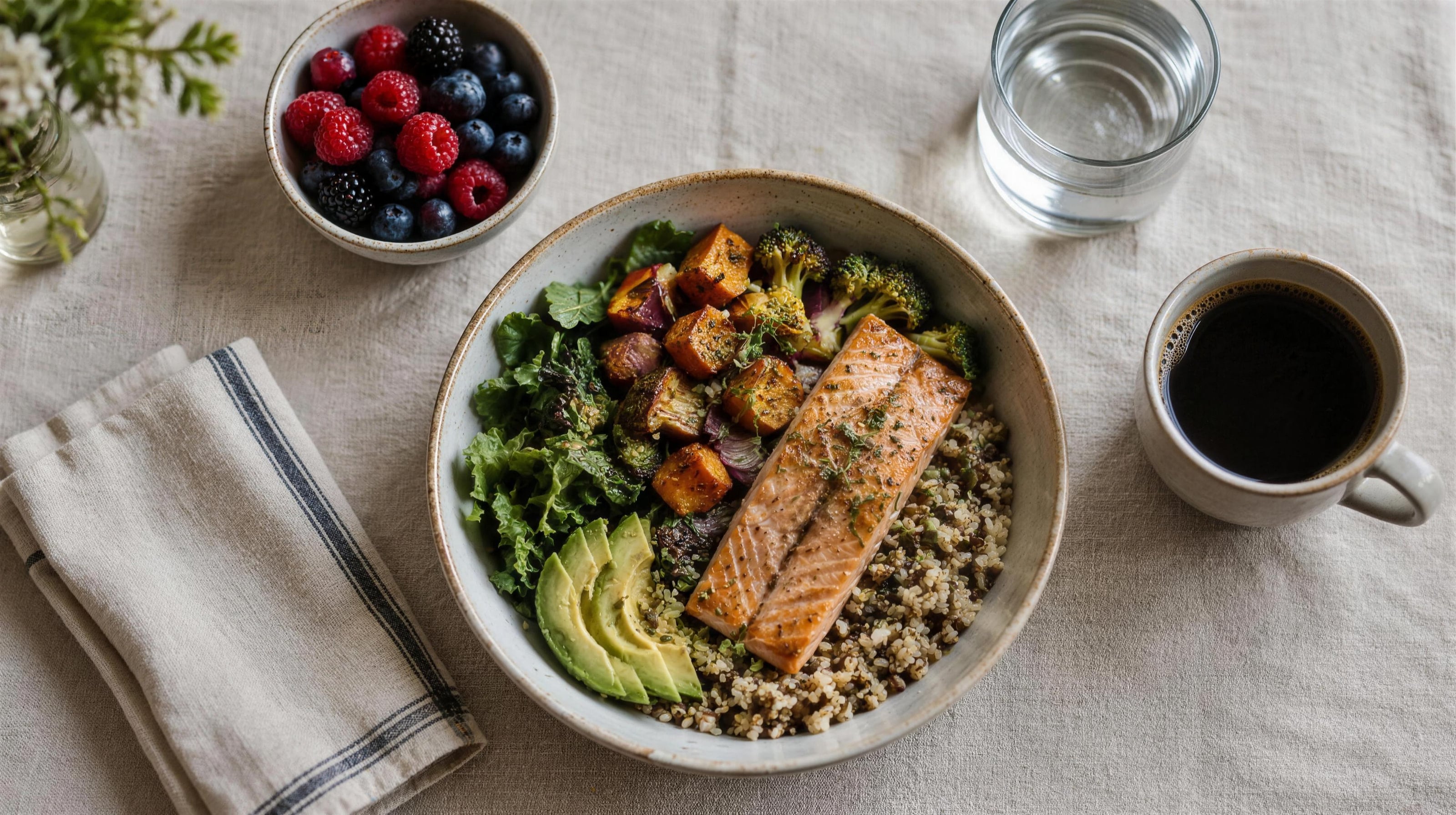 From above: a grain bowl with salmon, greens and avocado, a bowl of berries, a glass of water and a black coffee.