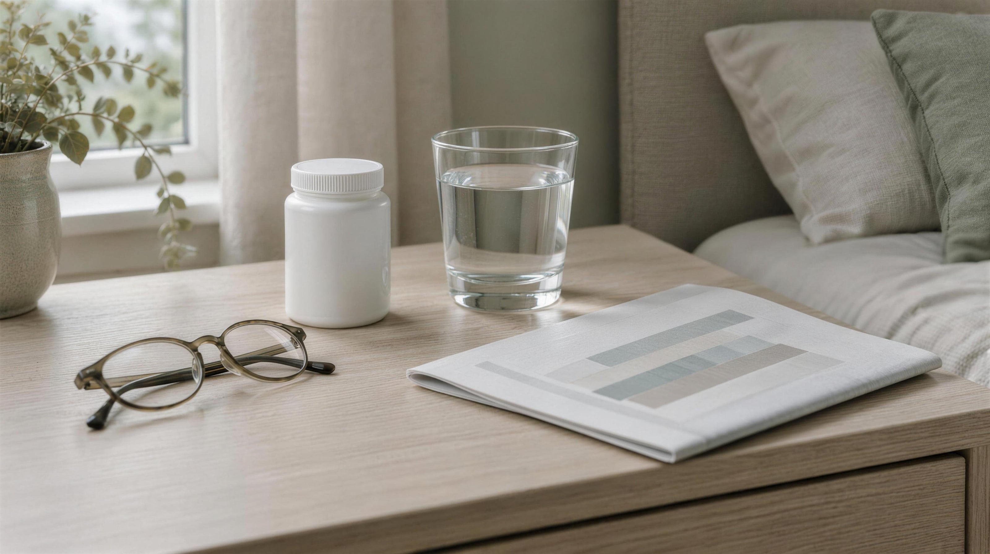 A bedside table with an unlabeled bottle, a folded report, reading glasses and a glass of water.