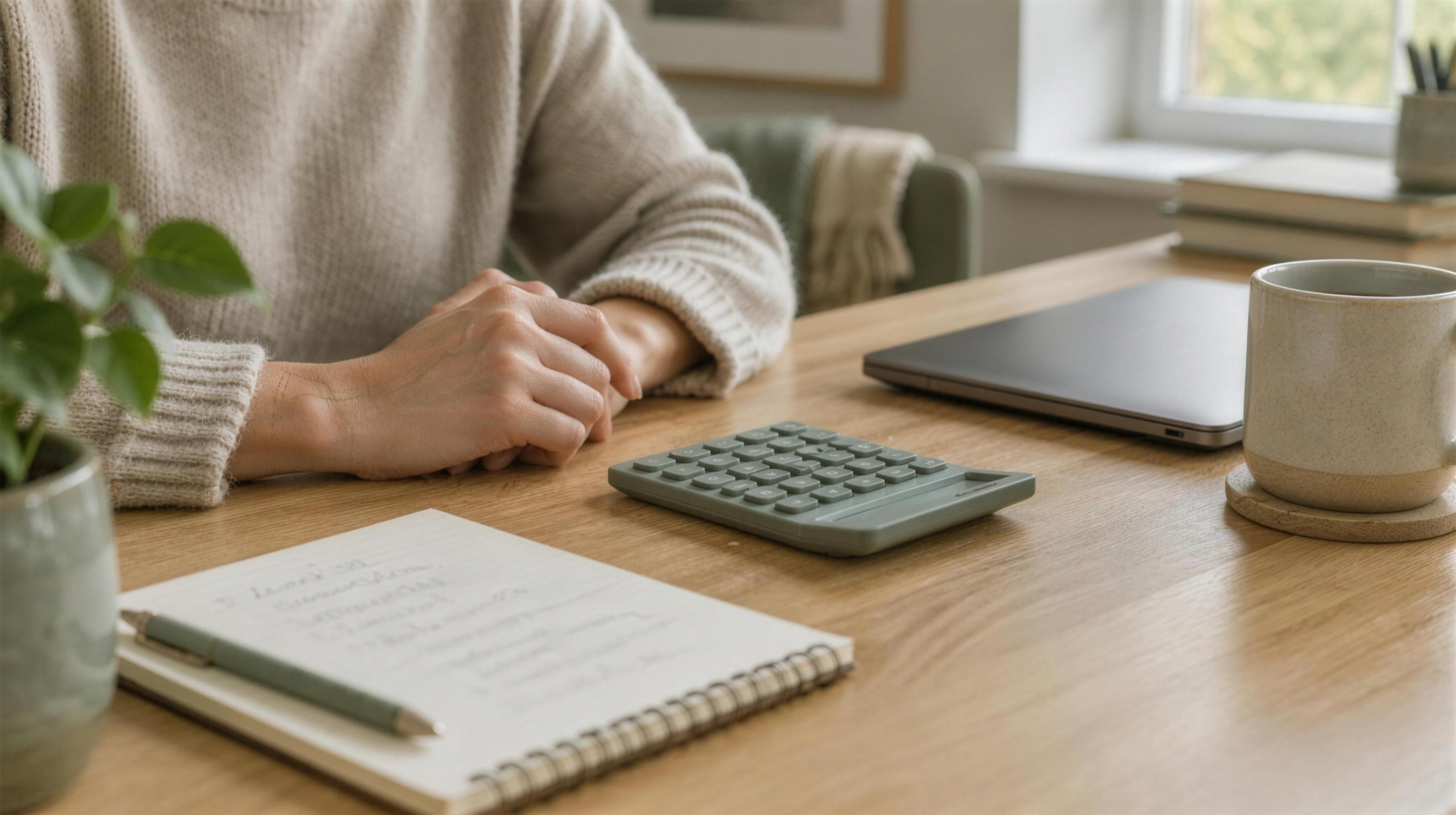 Hands resting beside a calculator, a notepad and a closed laptop on a desk.