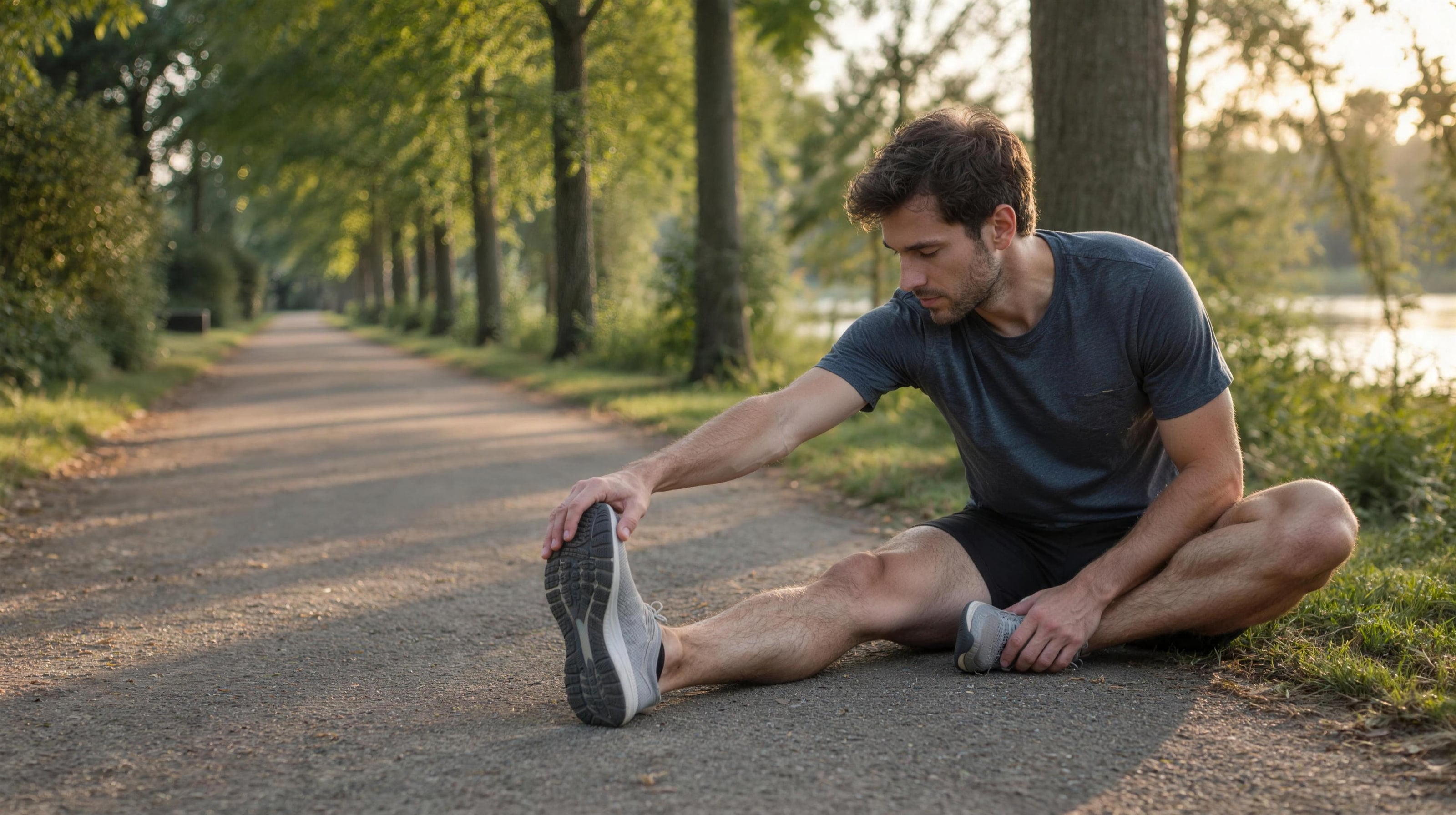 A man stretching on a tree-lined park path at golden hour.