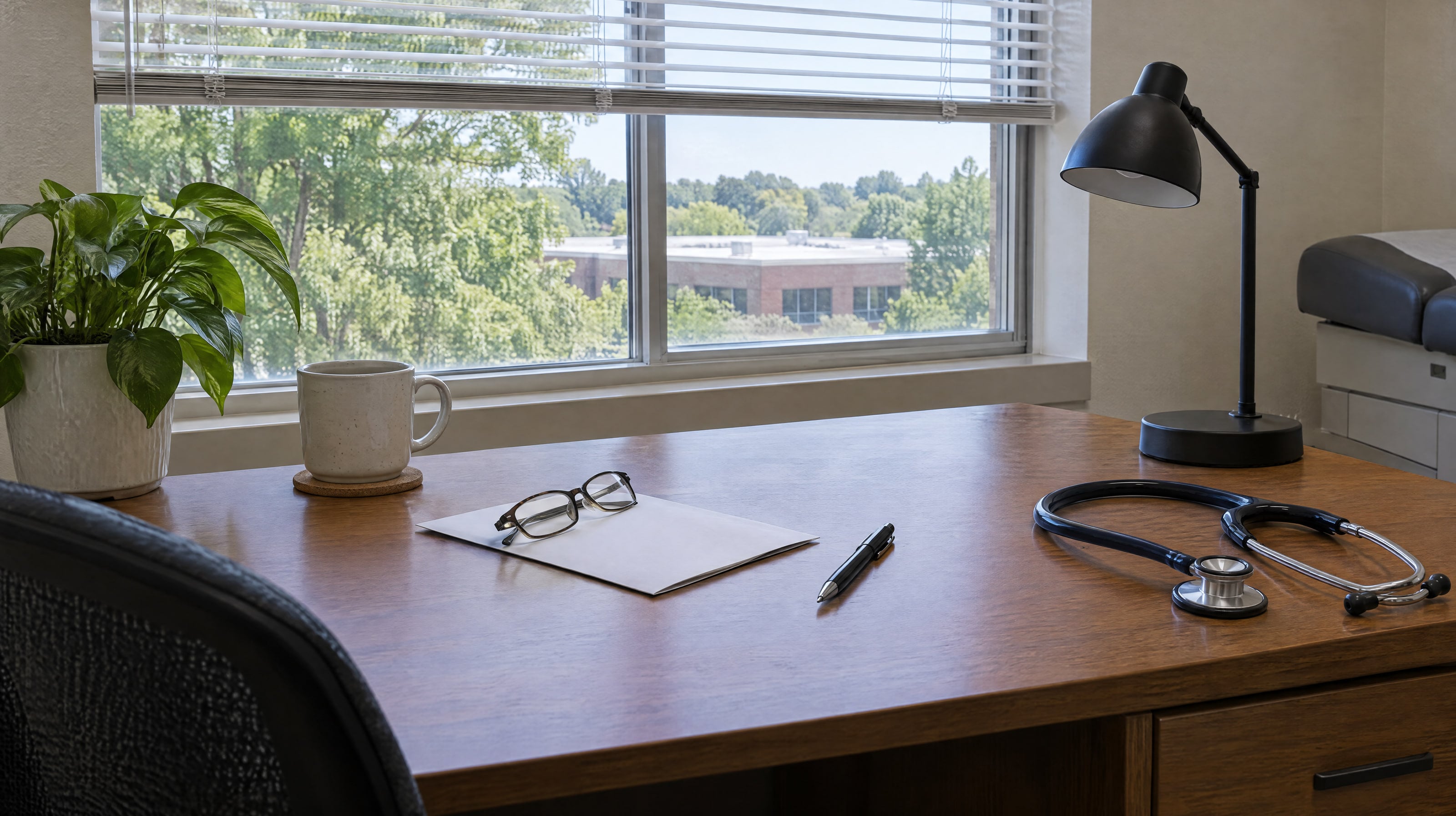 A doctor’s office desk by a window: a folded letter under a pair of reading glasses, a pen, a mug and a stethoscope.