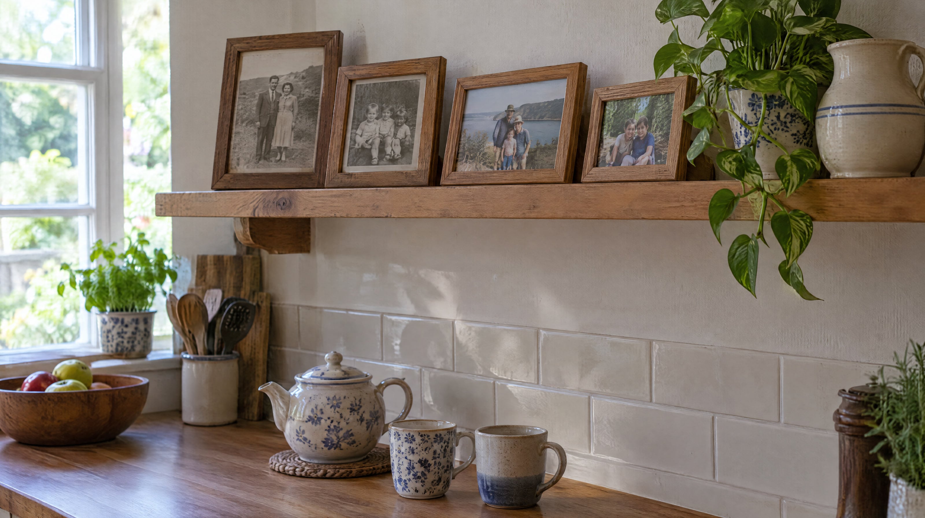 Framed family photographs from several generations on a wooden kitchen shelf, a teapot and two mugs on the counter below.