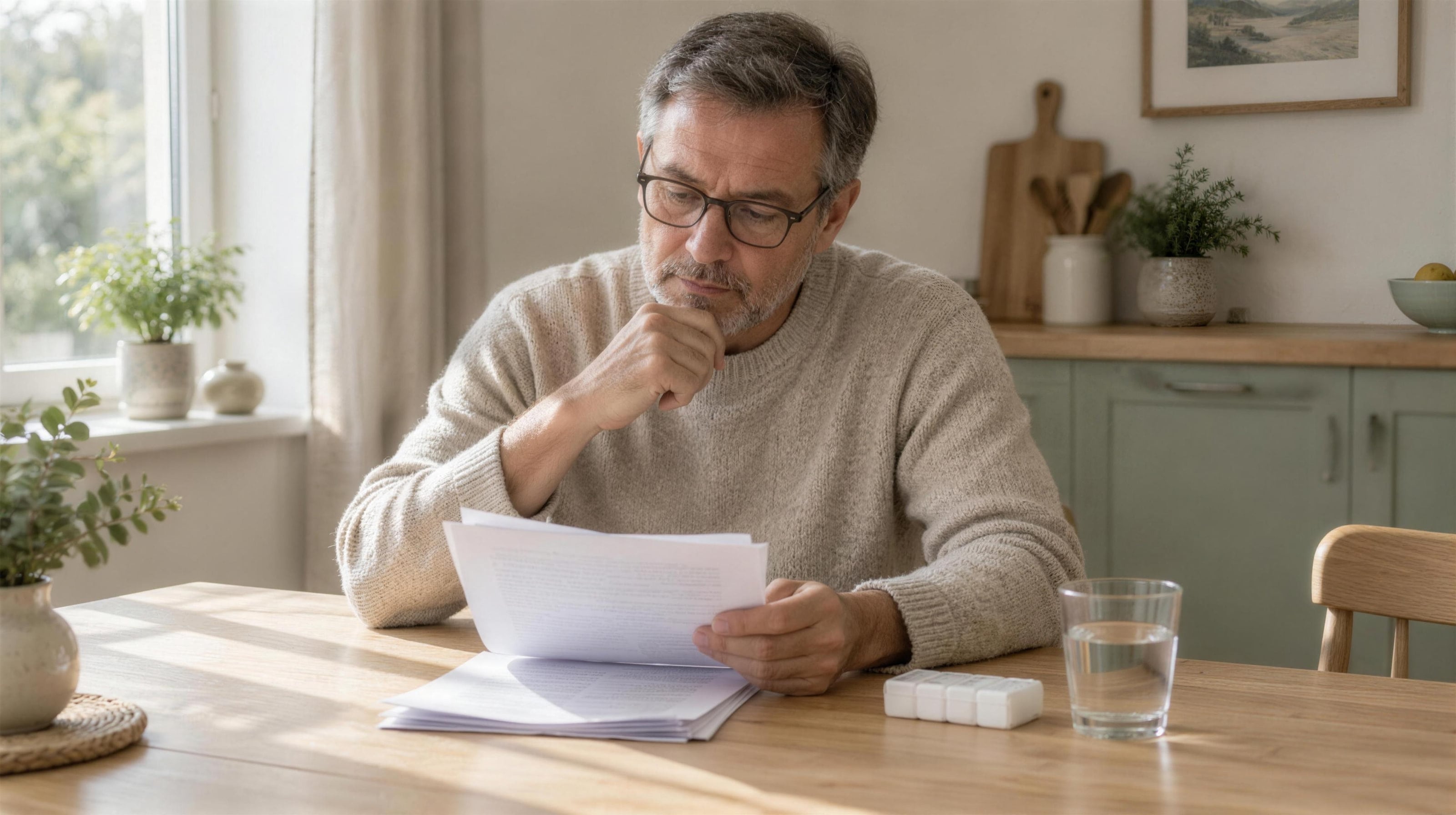 A man in his fifties, in glasses, reading a printed report at a kitchen table, an unlabeled pill organizer and a glass of water beside him.