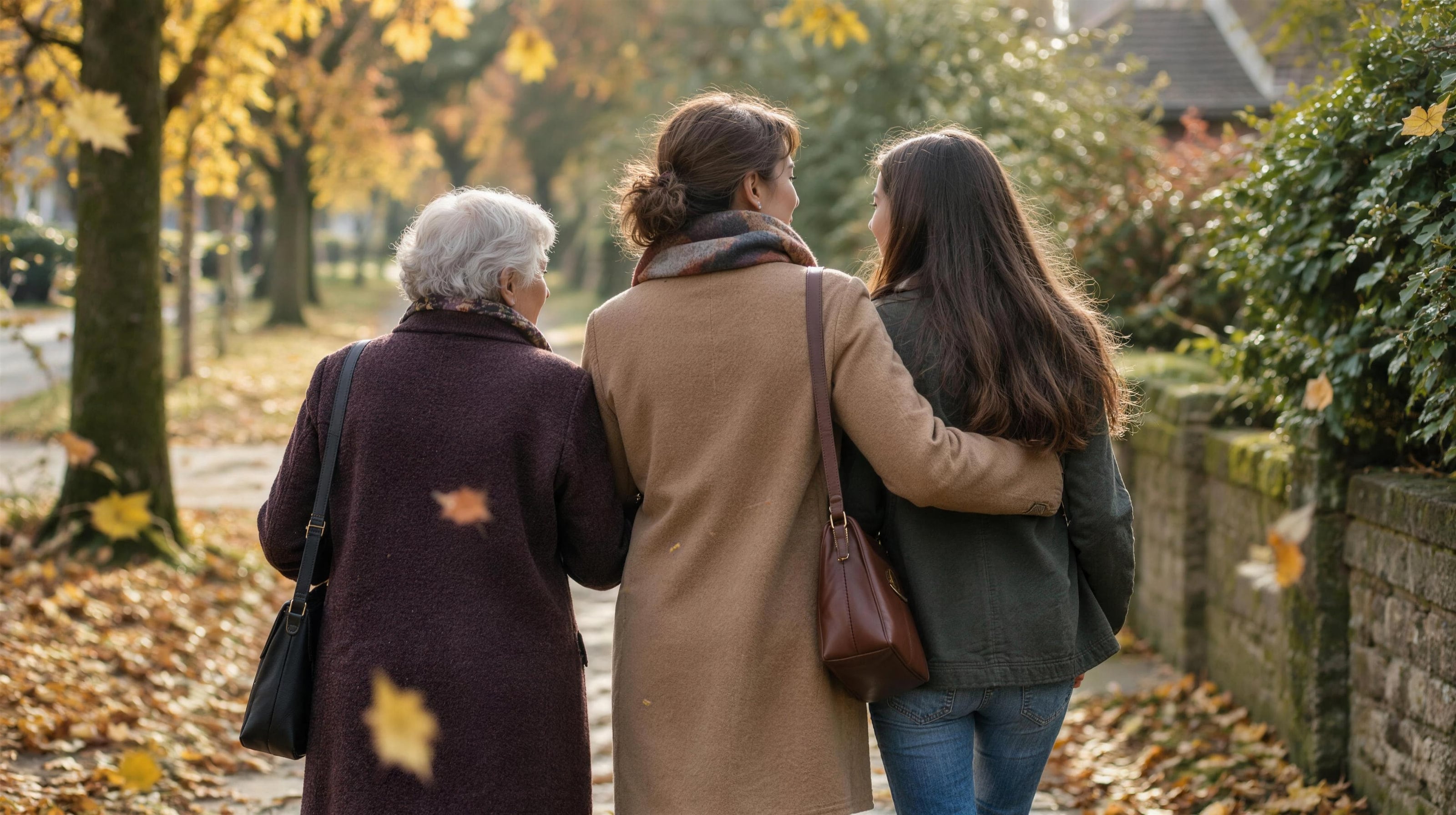 Three generations of women walking arm in arm along an autumn path, seen from behind.