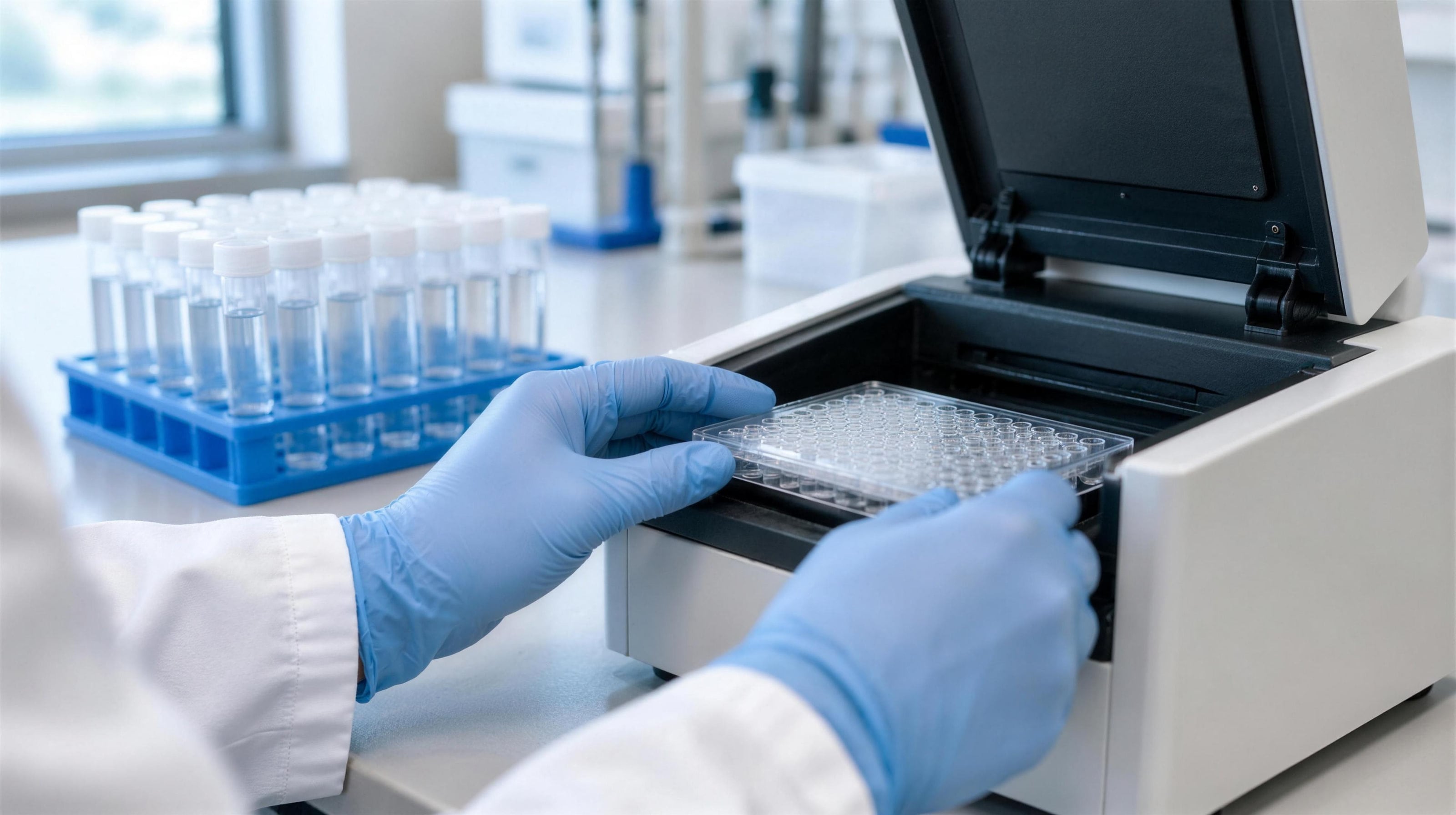 Gloved hands loading a well plate into a benchtop instrument, a rack of sample tubes behind it.