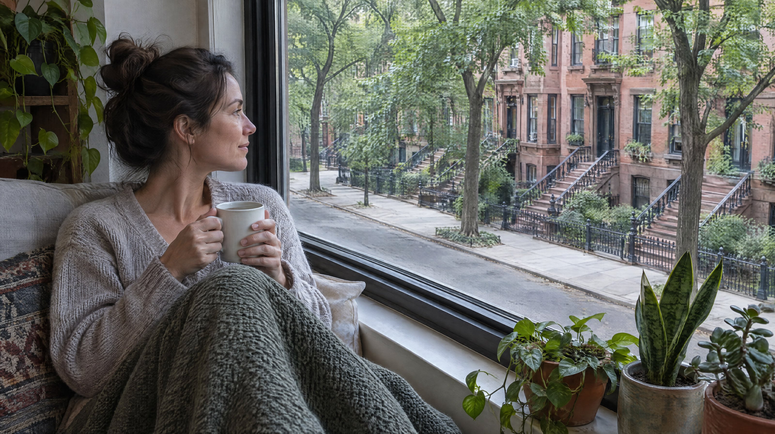 A woman sitting in a window seat with a cup of tea, a knit blanket over her knees and plants on the sill.