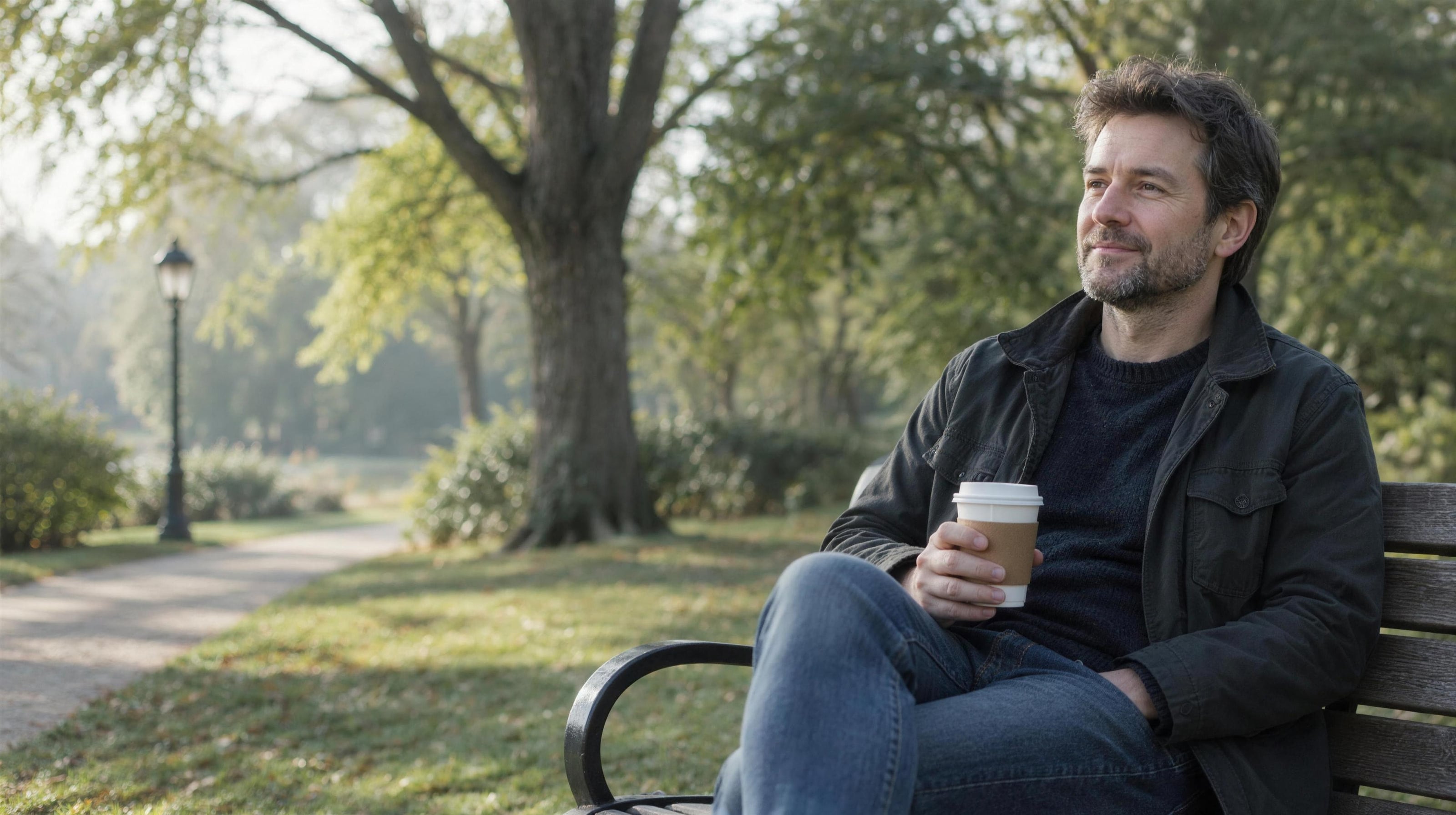 A man relaxing on a park bench with a takeaway cup.