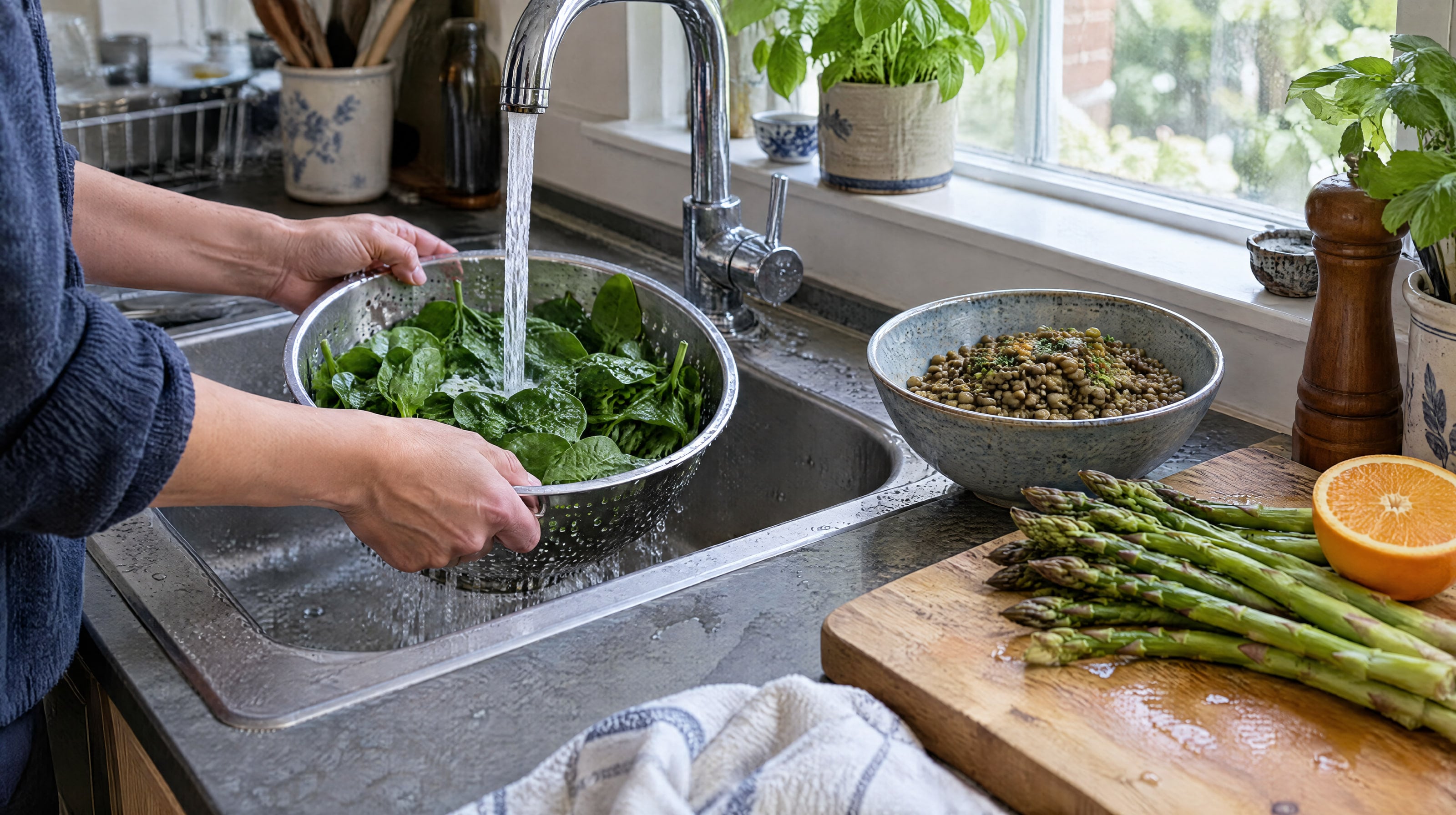 Hands rinsing spinach in a colander at a kitchen sink, a bowl of lentils, asparagus and half an orange on a chopping board beside it.