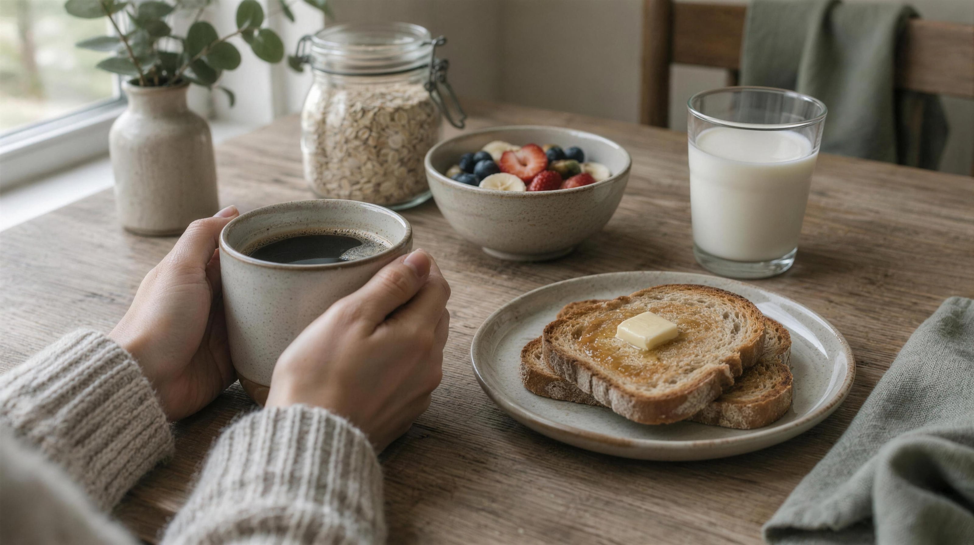 A breakfast table: hands around a cup of coffee, buttered toast, a glass of milk, a bowl of fruit and a jar of oats.