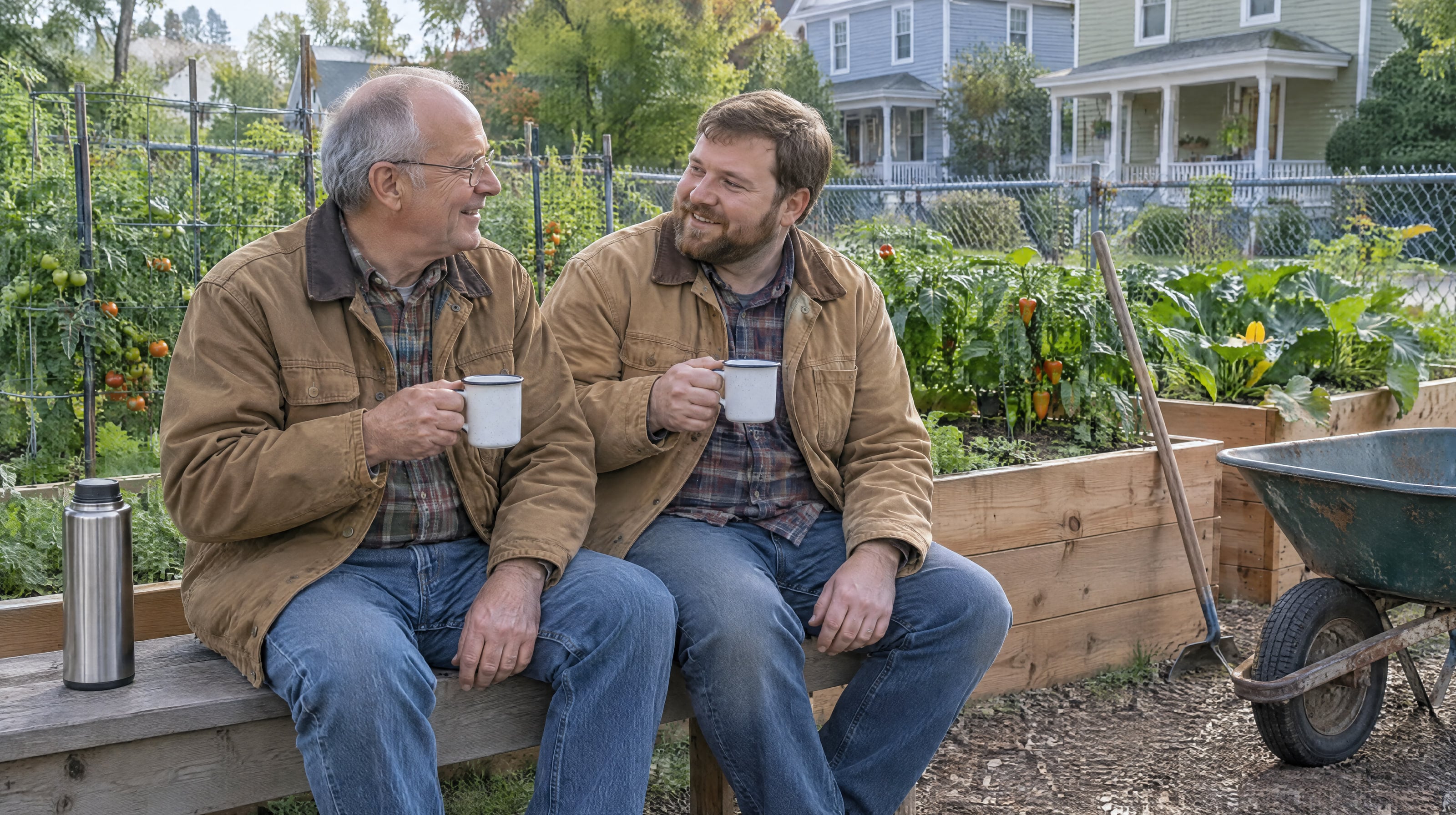 A father and his adult son on a bench in a community garden, sharing coffee from a thermos, raised beds of tomatoes and peppers beside them.