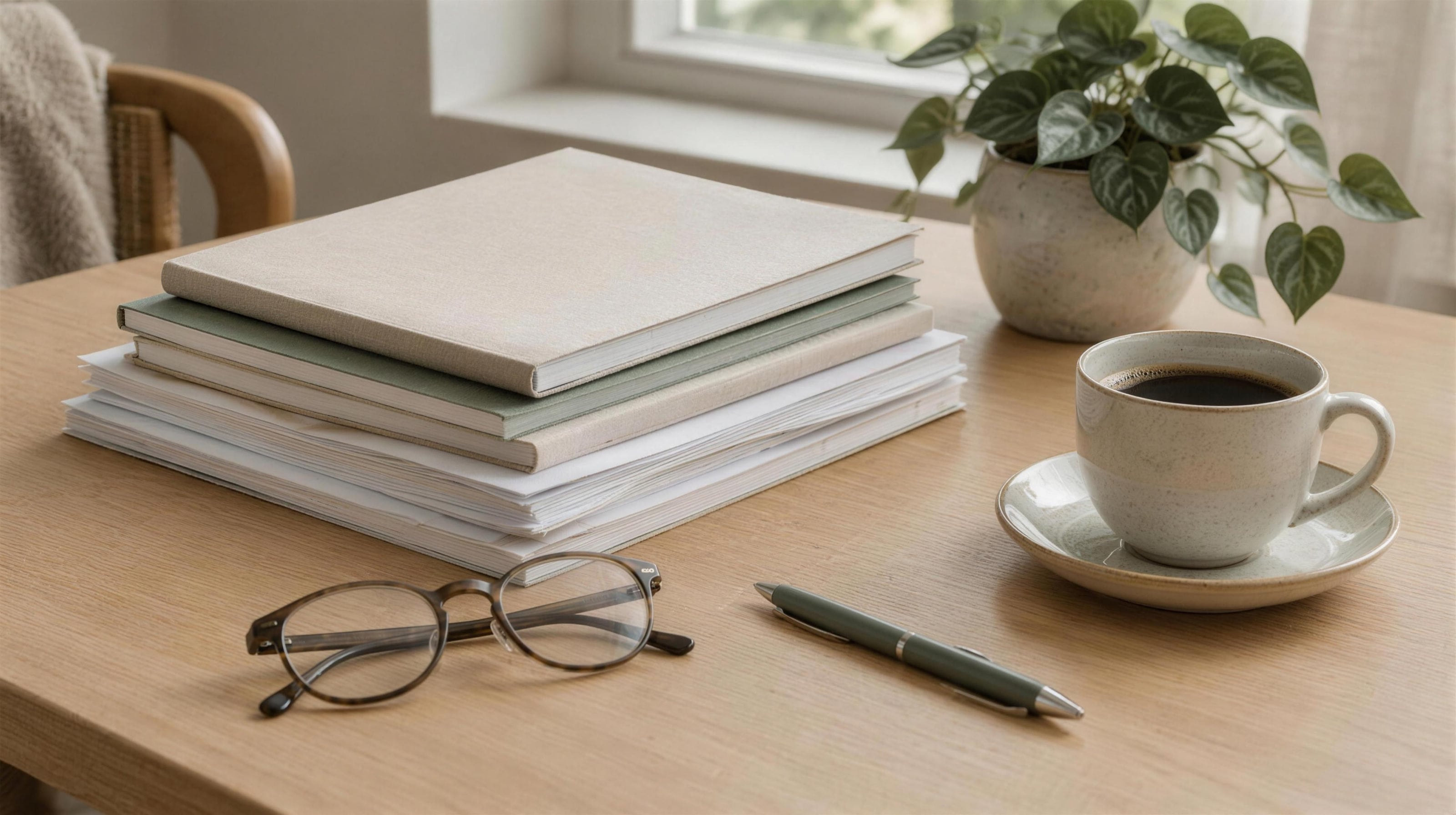 A stack of blank-covered journals, reading glasses, a pen and a cup of black coffee on a wooden table by a window.