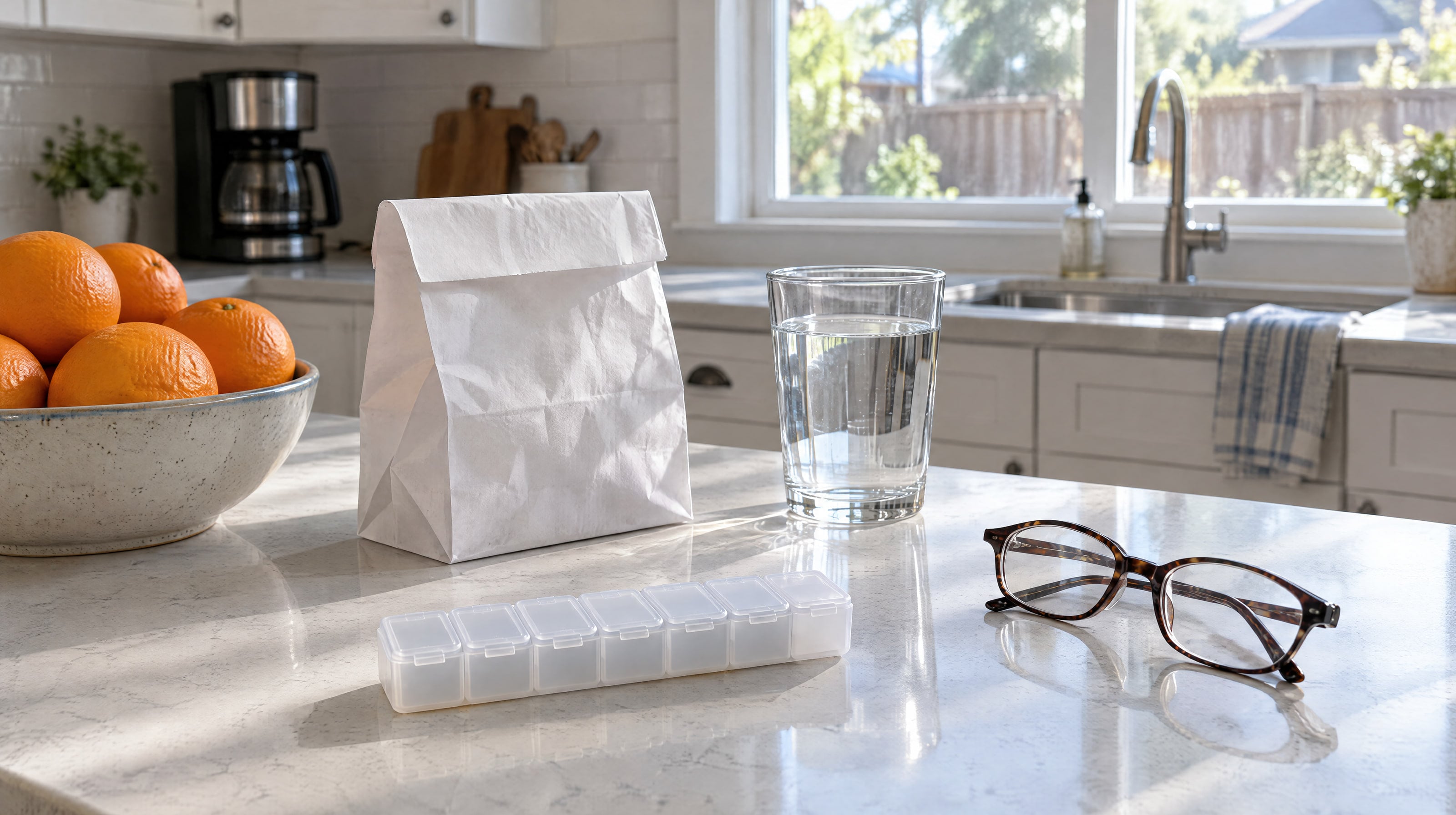 A kitchen counter in morning light: a weekly pill organizer, a plain white pharmacy bag, a glass of water, reading glasses and a bowl of oranges.
