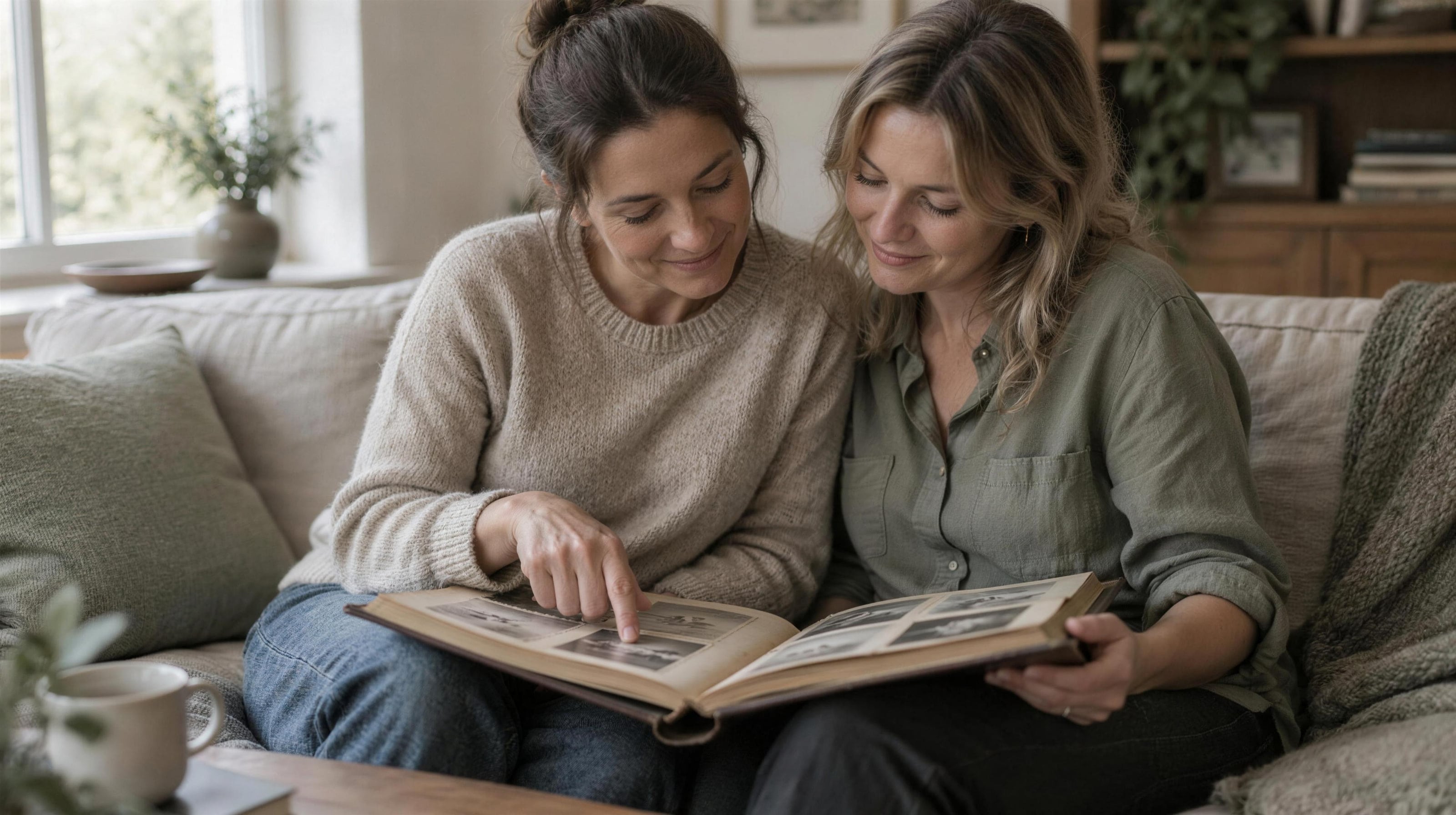 Two sisters on a sofa looking through a family photo album together.