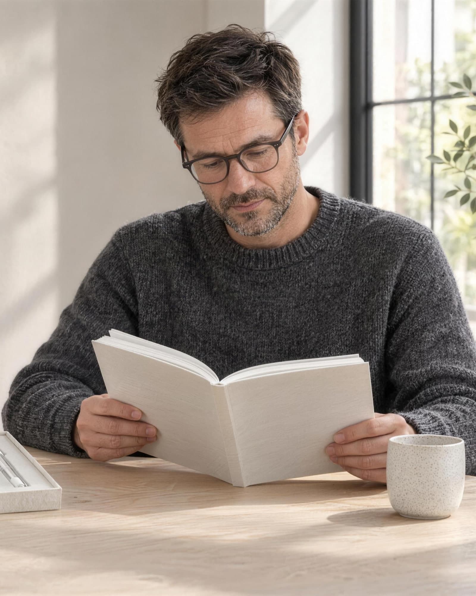 A man in glasses and a charcoal sweater reading an open, blank-paged booklet at an oak table by a window, a speckled mug beside him.