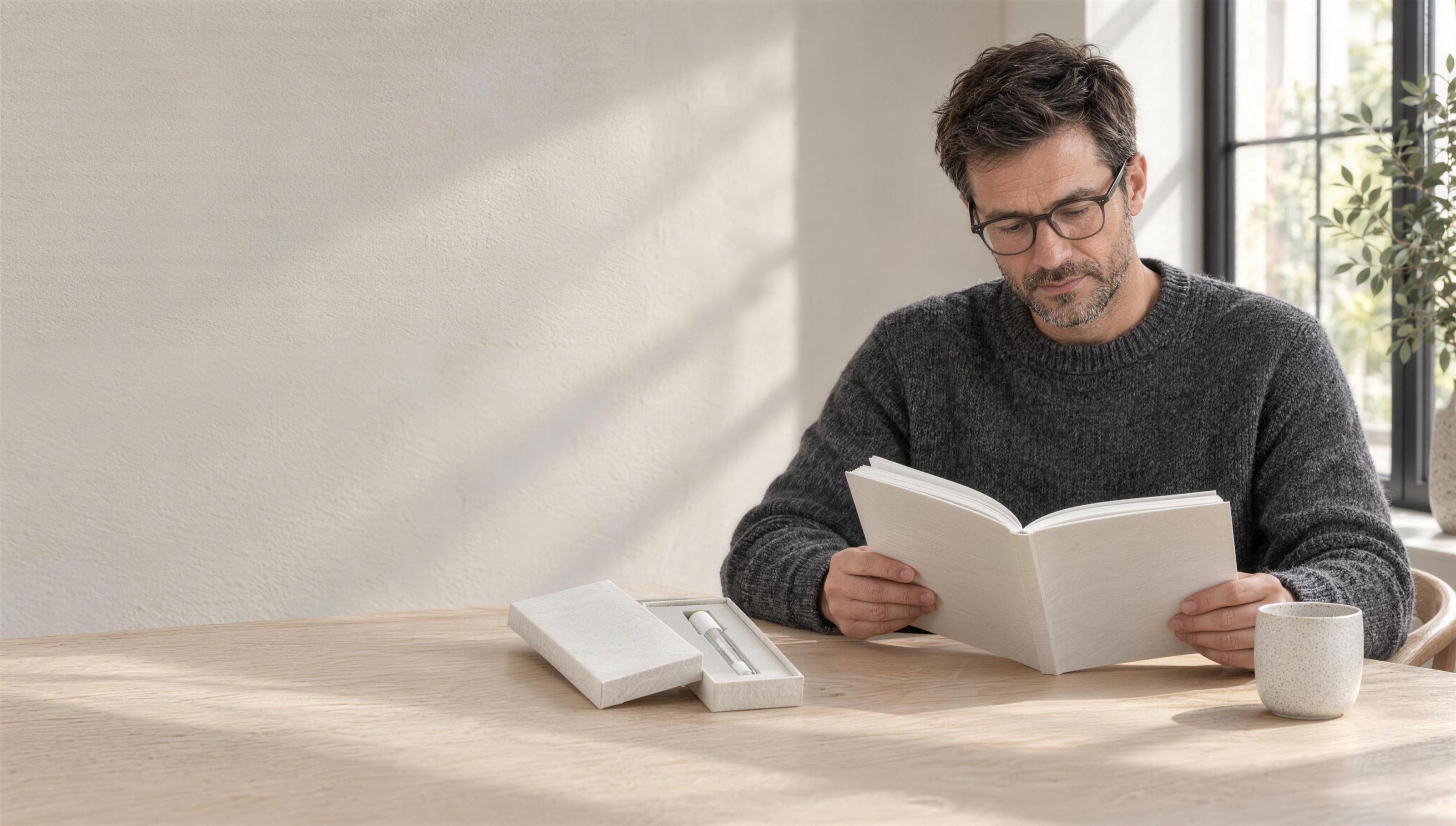 A man in glasses and a charcoal sweater reading an open, blank-paged booklet at an oak table by a window, a slim open box holding the collection tube beside him and a speckled mug.