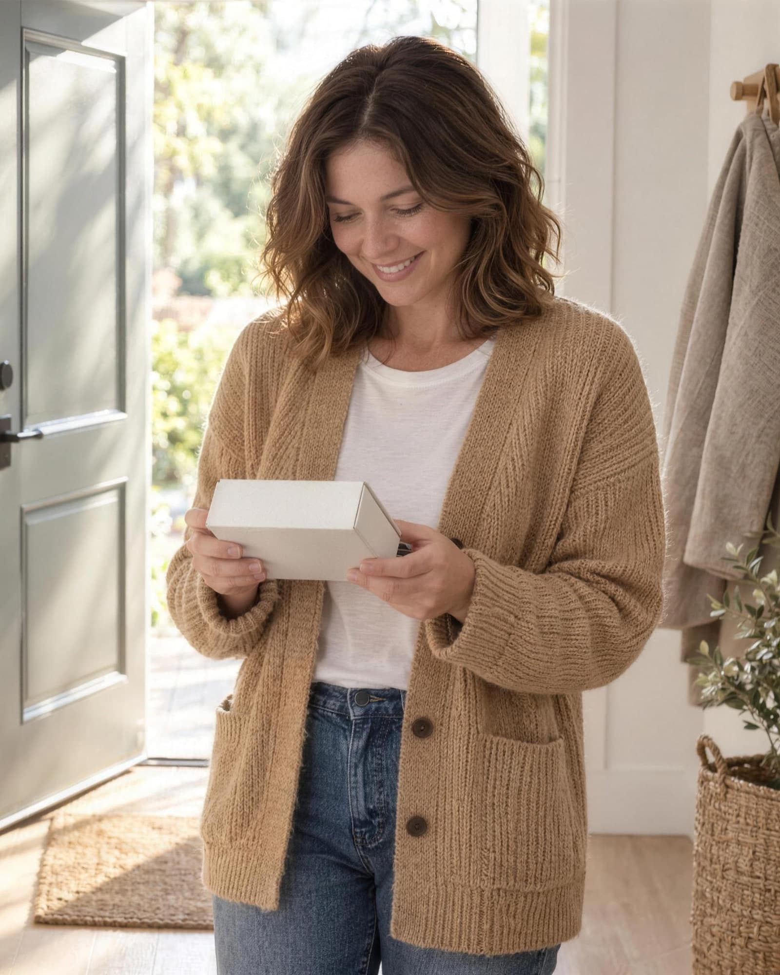 A woman smiling as she looks down at a small plain box in her hands, standing just inside her open front door.