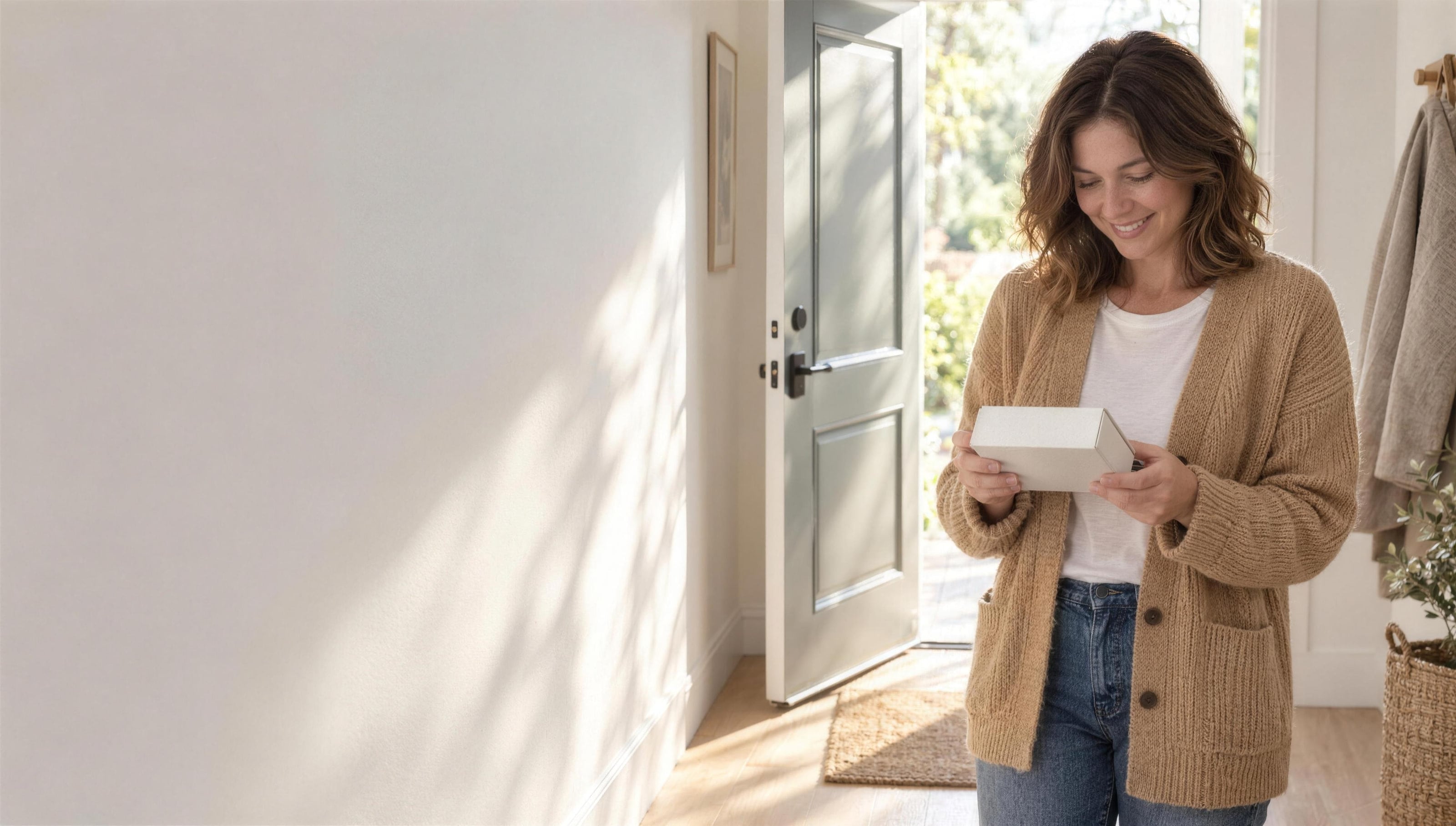 A woman smiling as she looks down at a small plain box in her hands, standing just inside her open front door.