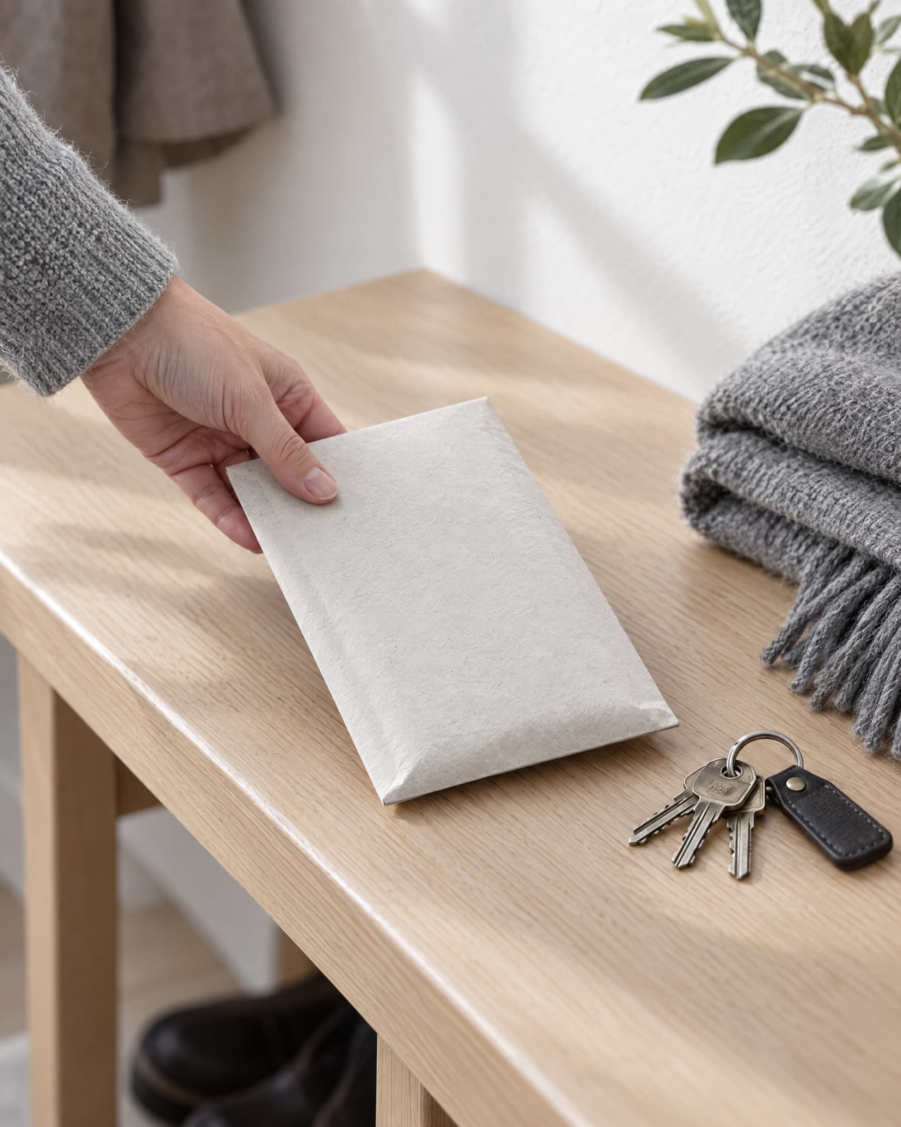 A sealed return envelope set on an oak hallway bench, beside keys and a scarf.