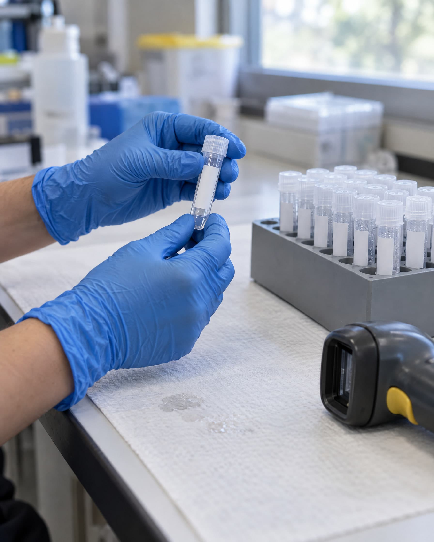 Gloved hands holding a collection tube with a blank label at a bench, a rack of tubes and a barcode scanner beside them.