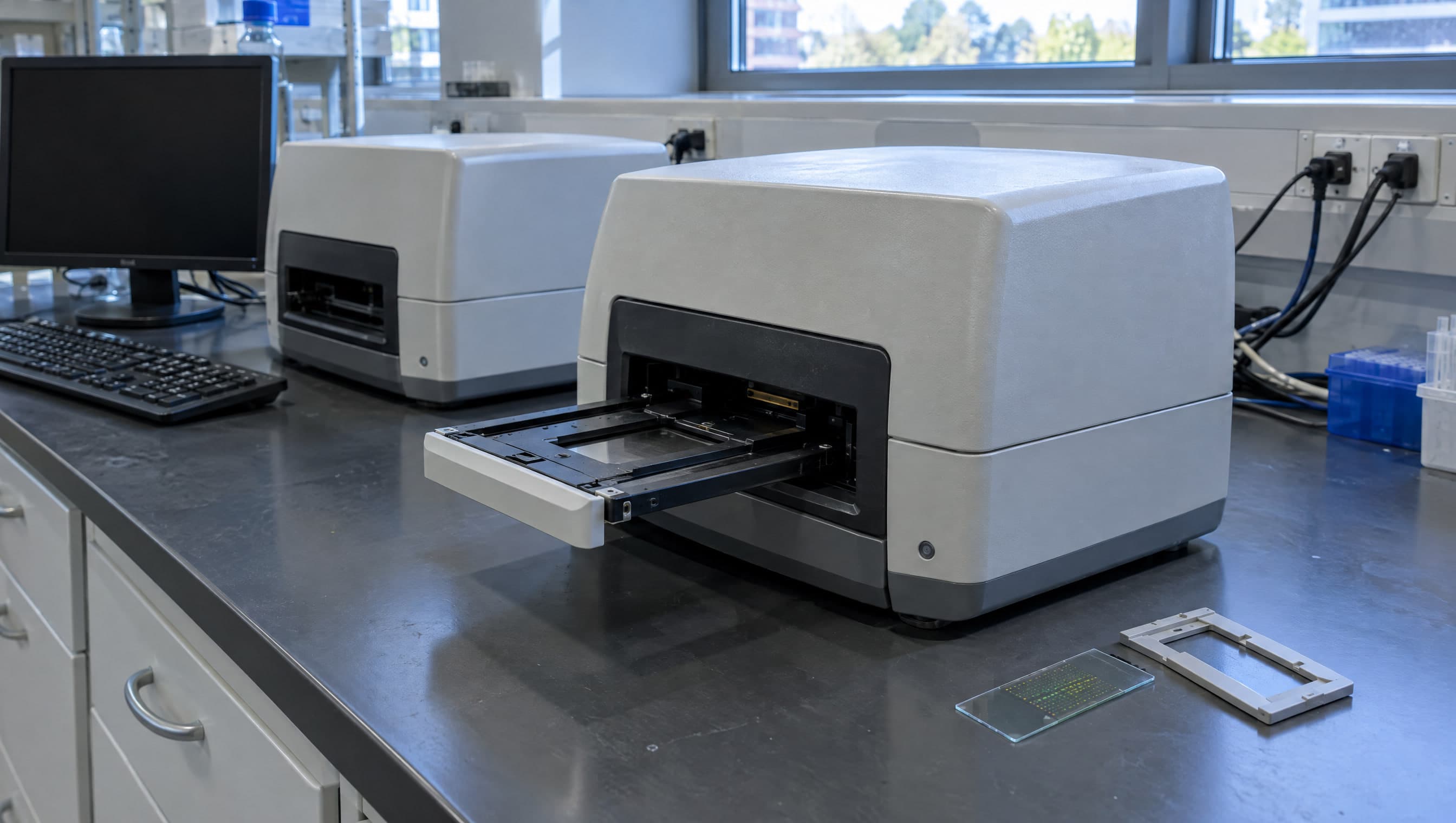 Two benchtop array scanners on a lab bench, one tray extended, a slide lying beside it.