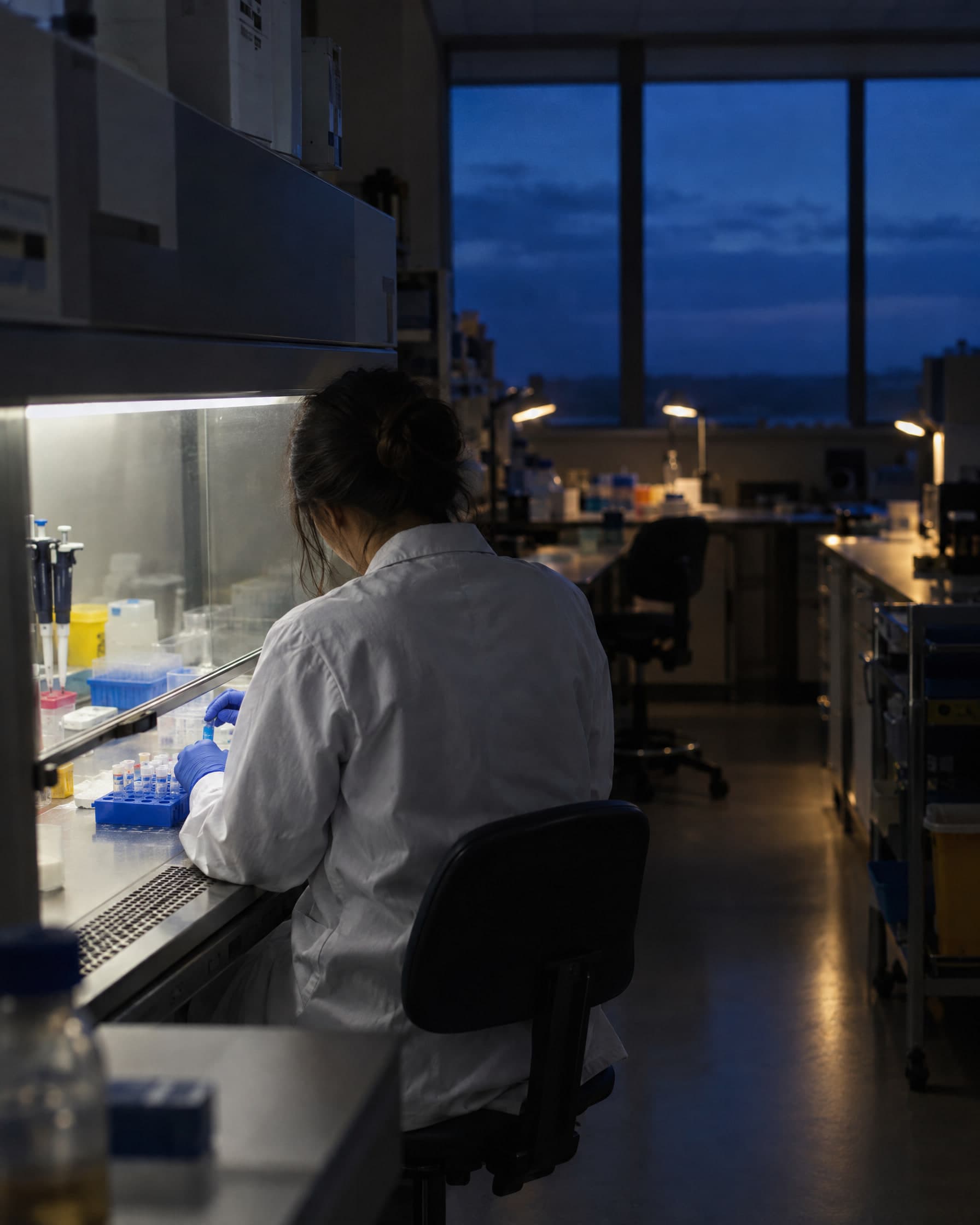 A scientist seen from behind, working under a hood in a dim lab at dusk.