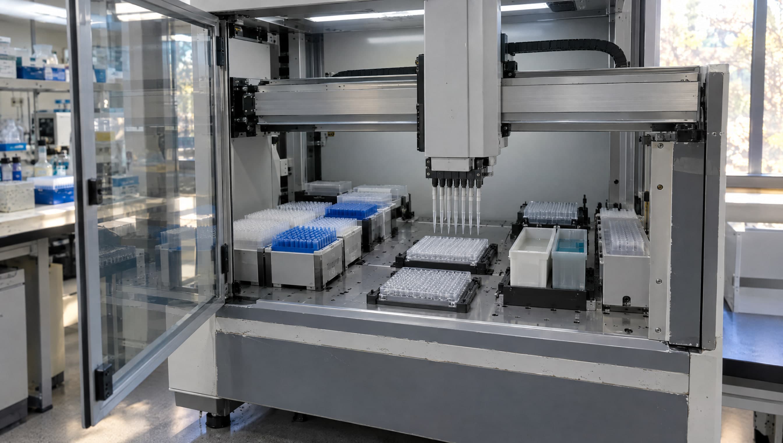 An automated liquid-handling workstation with its door open, tip boxes and sample plates on its deck.