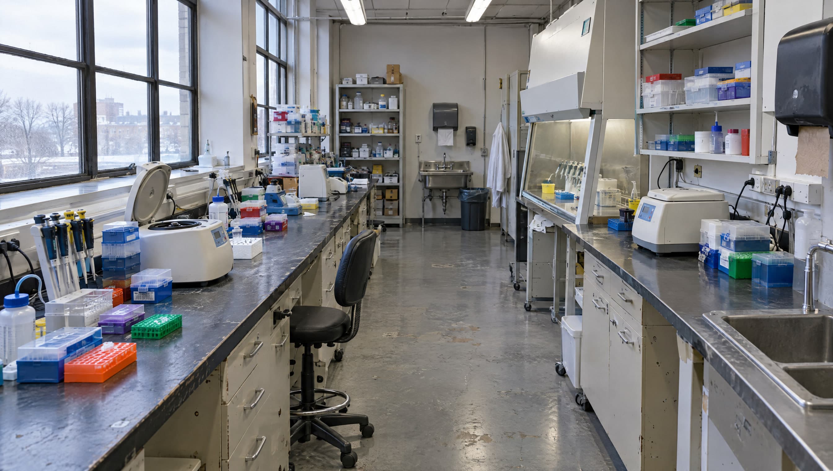 A wide view of a genetics lab: two rows of worn benches, shelves of supplies and tall industrial windows.