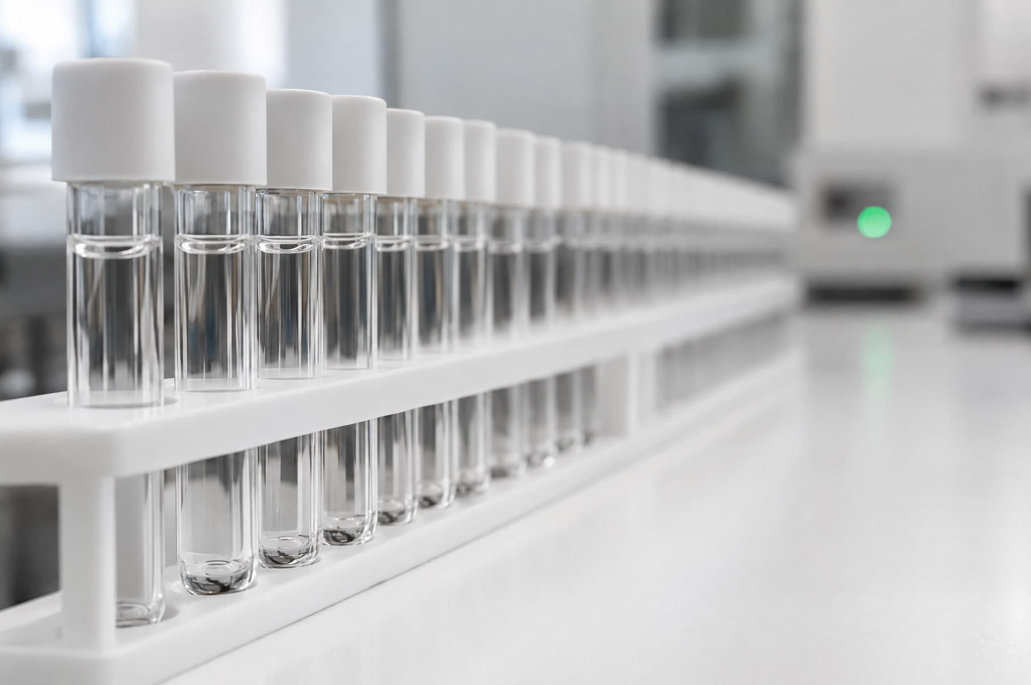 Sealed sample tubes in a rack on a white bench.