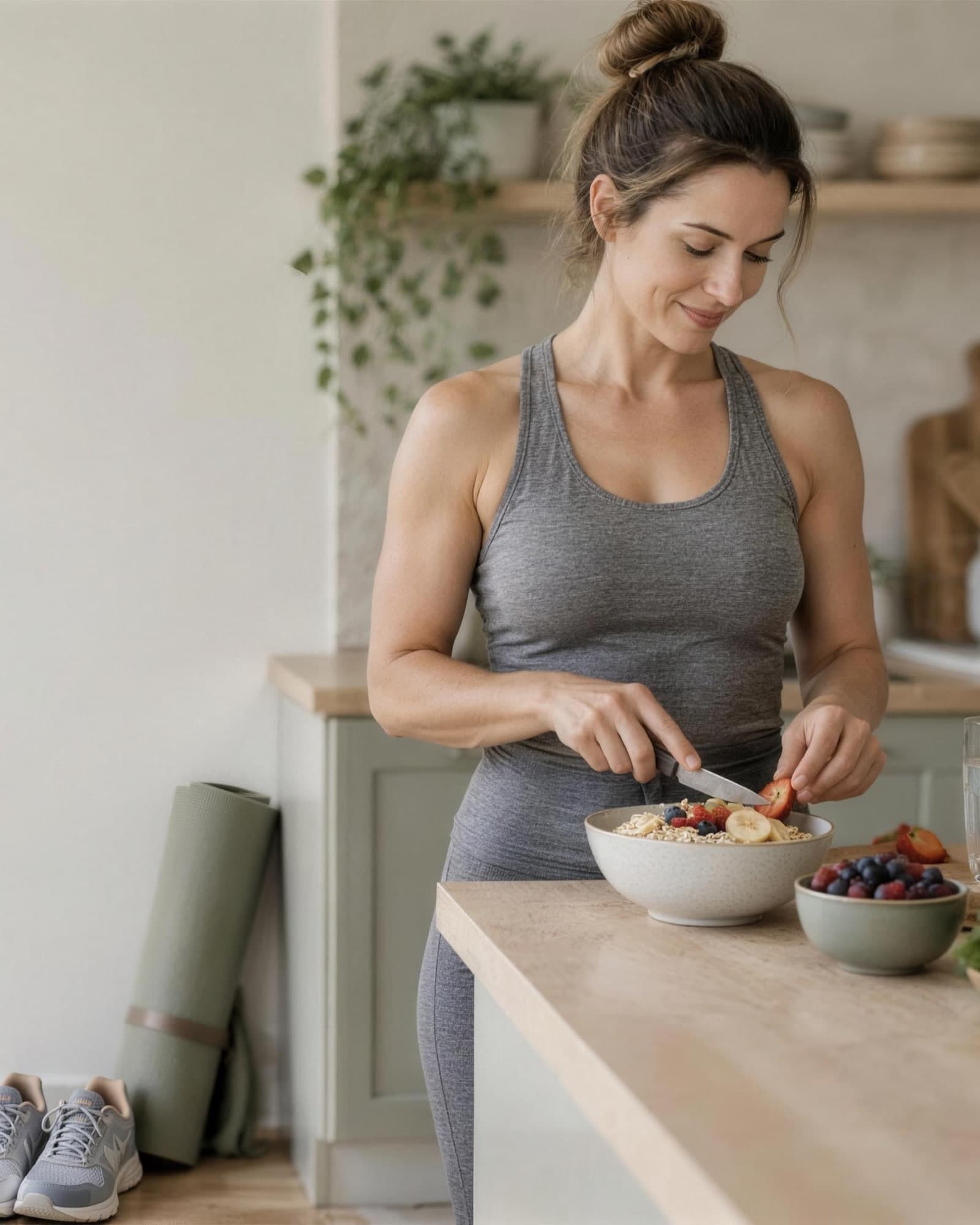 A woman in a grey tank top at a kitchen counter slicing fruit into a bowl of oats, a rolled yoga mat and running shoes behind her.