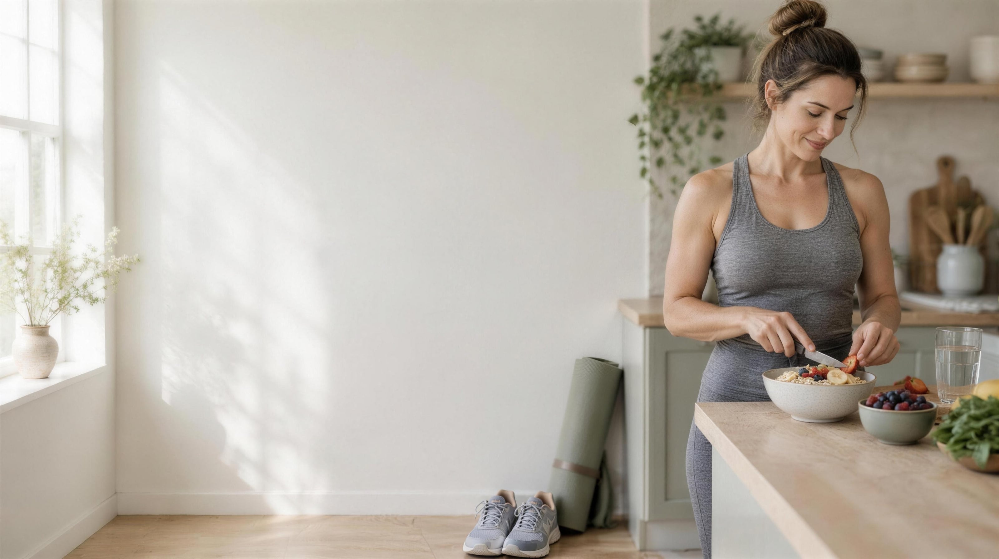 A woman in a grey tank top at a kitchen counter slicing fruit into a bowl of oats, running shoes and a rolled yoga mat by the wall behind her.
