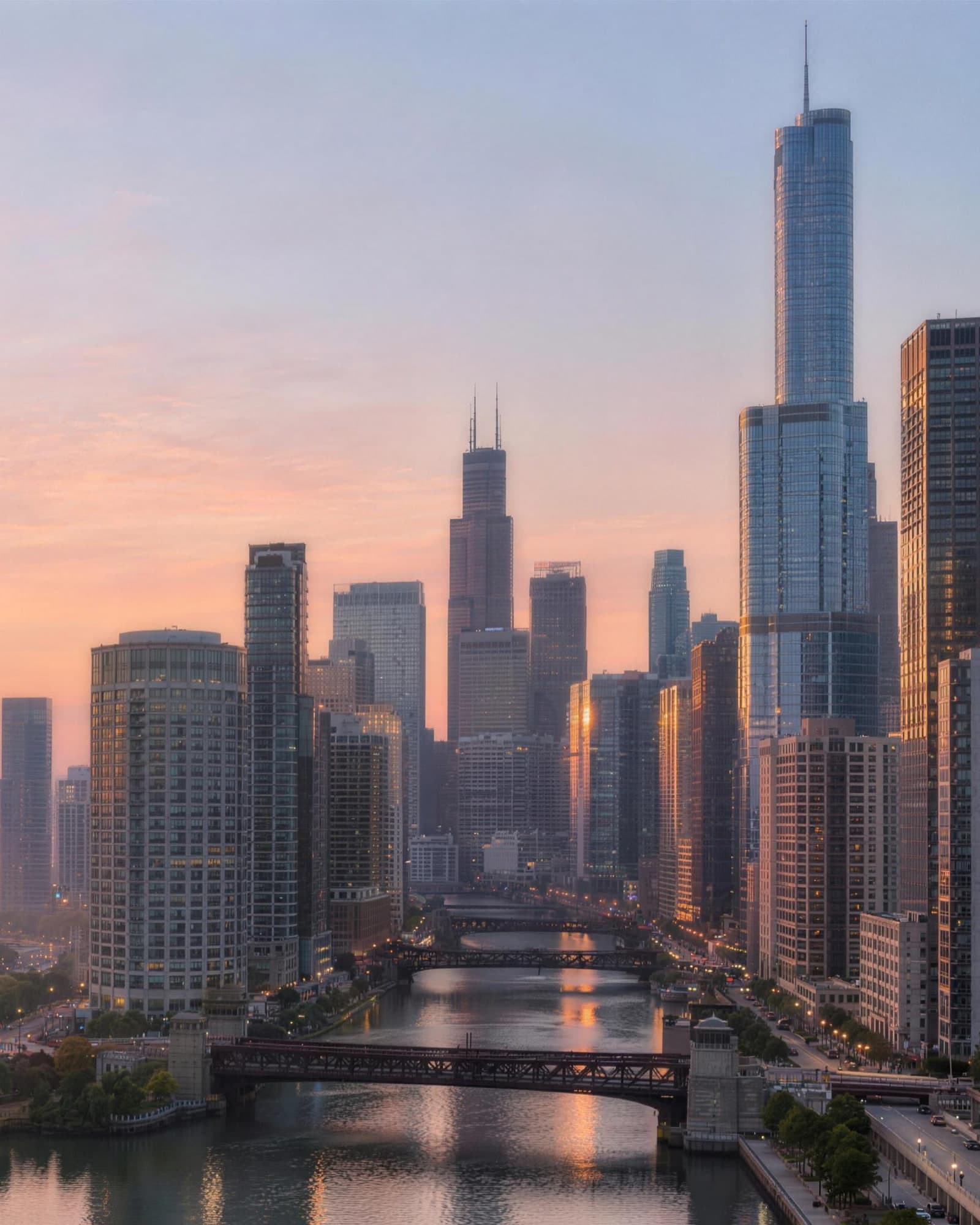 The Chicago skyline at sunrise from high above, the river running between the towers under its bridges.