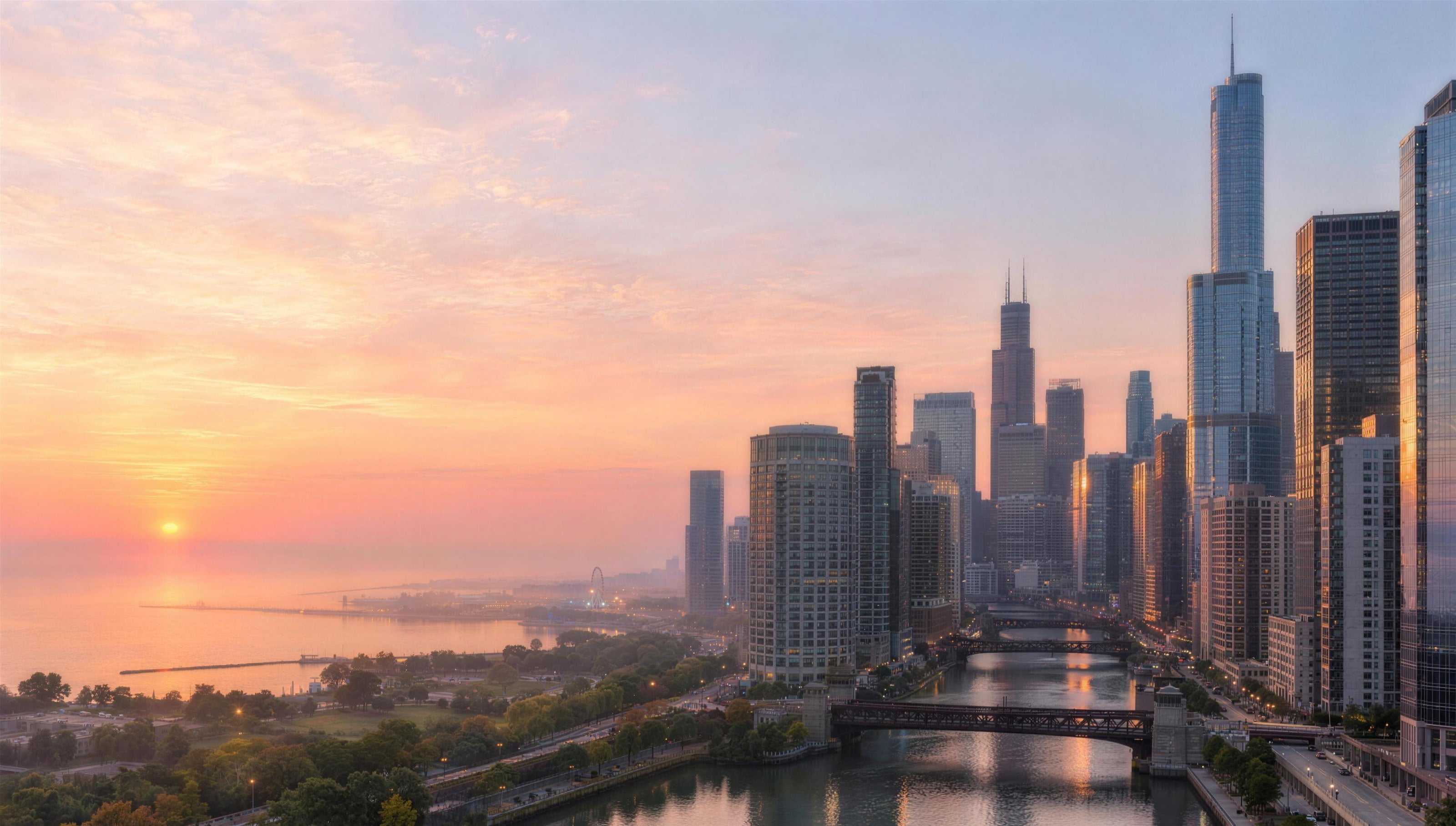 The Chicago skyline at sunrise from high above, the river running between the towers under its bridges and the sun rising over Lake Michigan to the left.