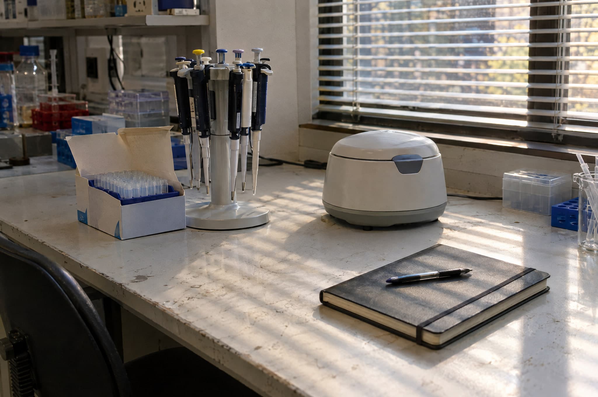 A laboratory bench in late-afternoon light through window blinds: a stand of pipettes, an open box of pipette tips, a small centrifuge and a closed notebook with a pen.