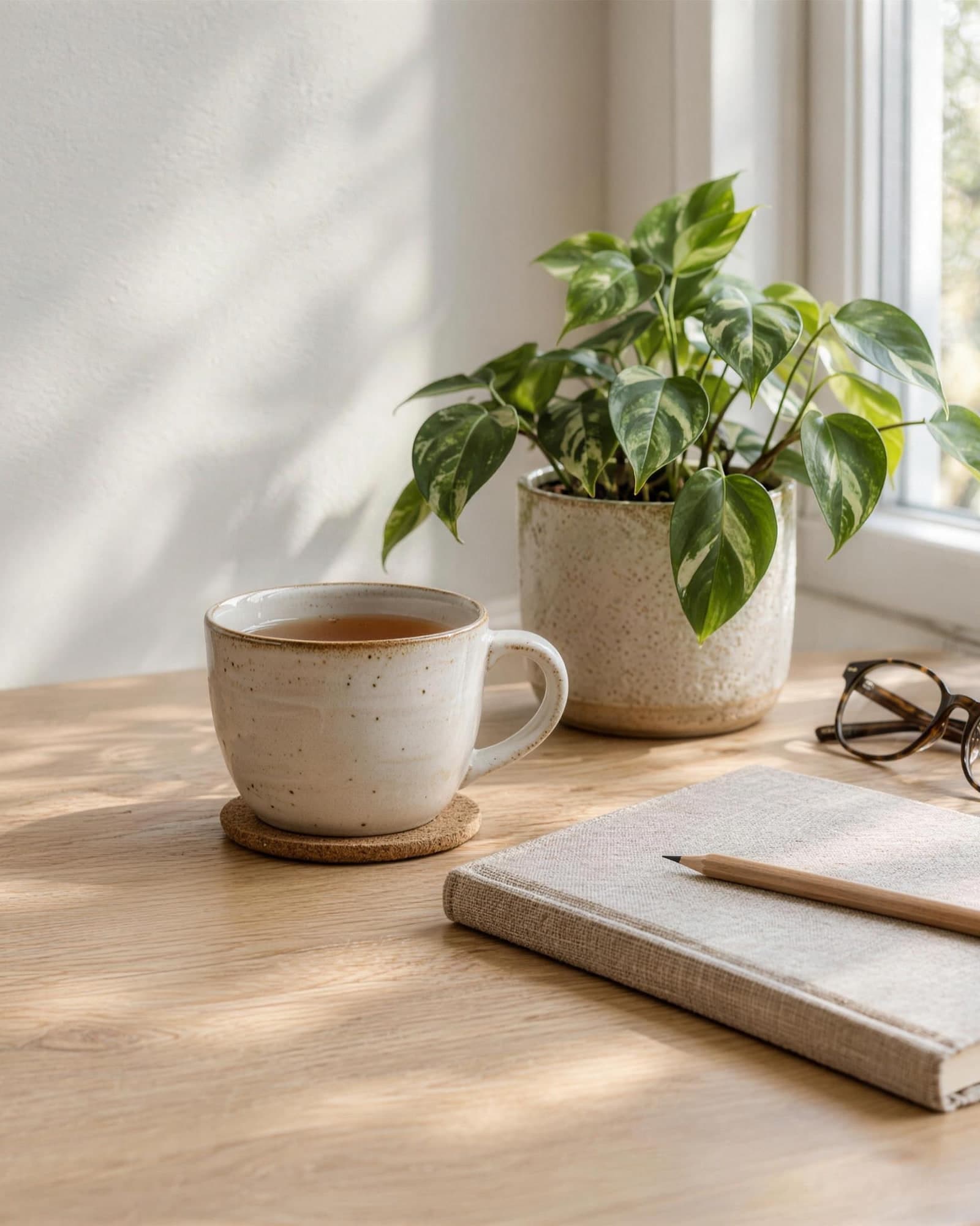 A cup of tea, a potted plant, a pair of glasses and a linen notebook with a pencil on an oak desk by a sunlit window.