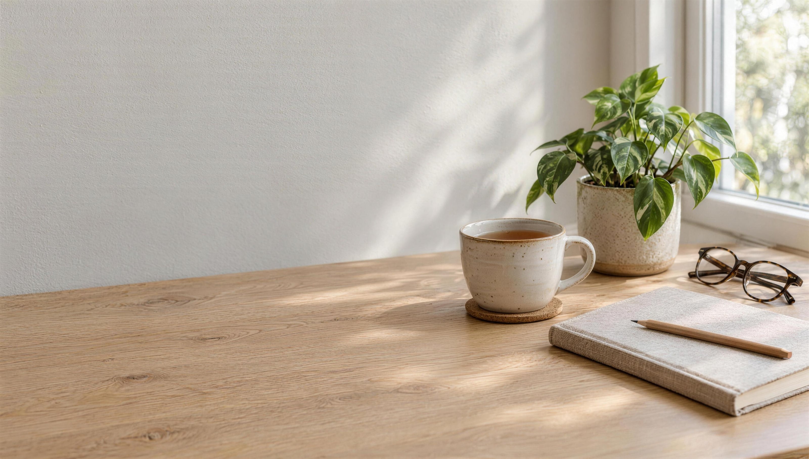 A cup of tea, a potted plant, a pair of glasses and a linen notebook with a pencil on an oak desk by a sunlit window.