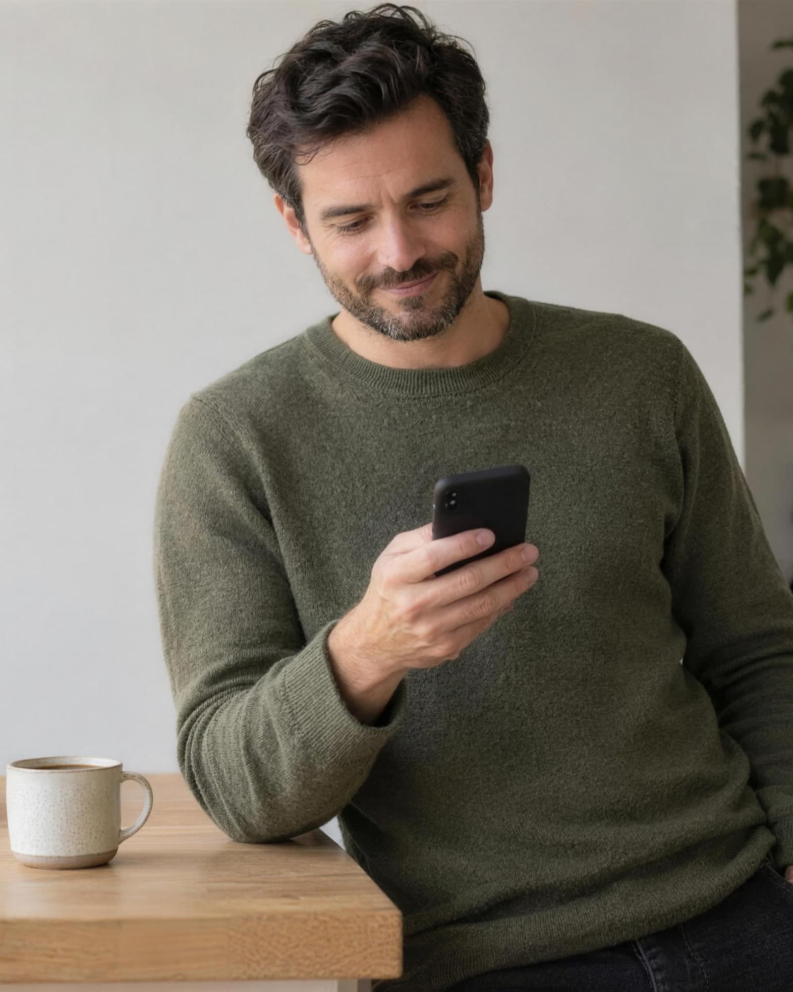 A man in an olive sweater leaning on an oak kitchen counter, smiling slightly as he reads his phone, a cup of coffee beside him.
