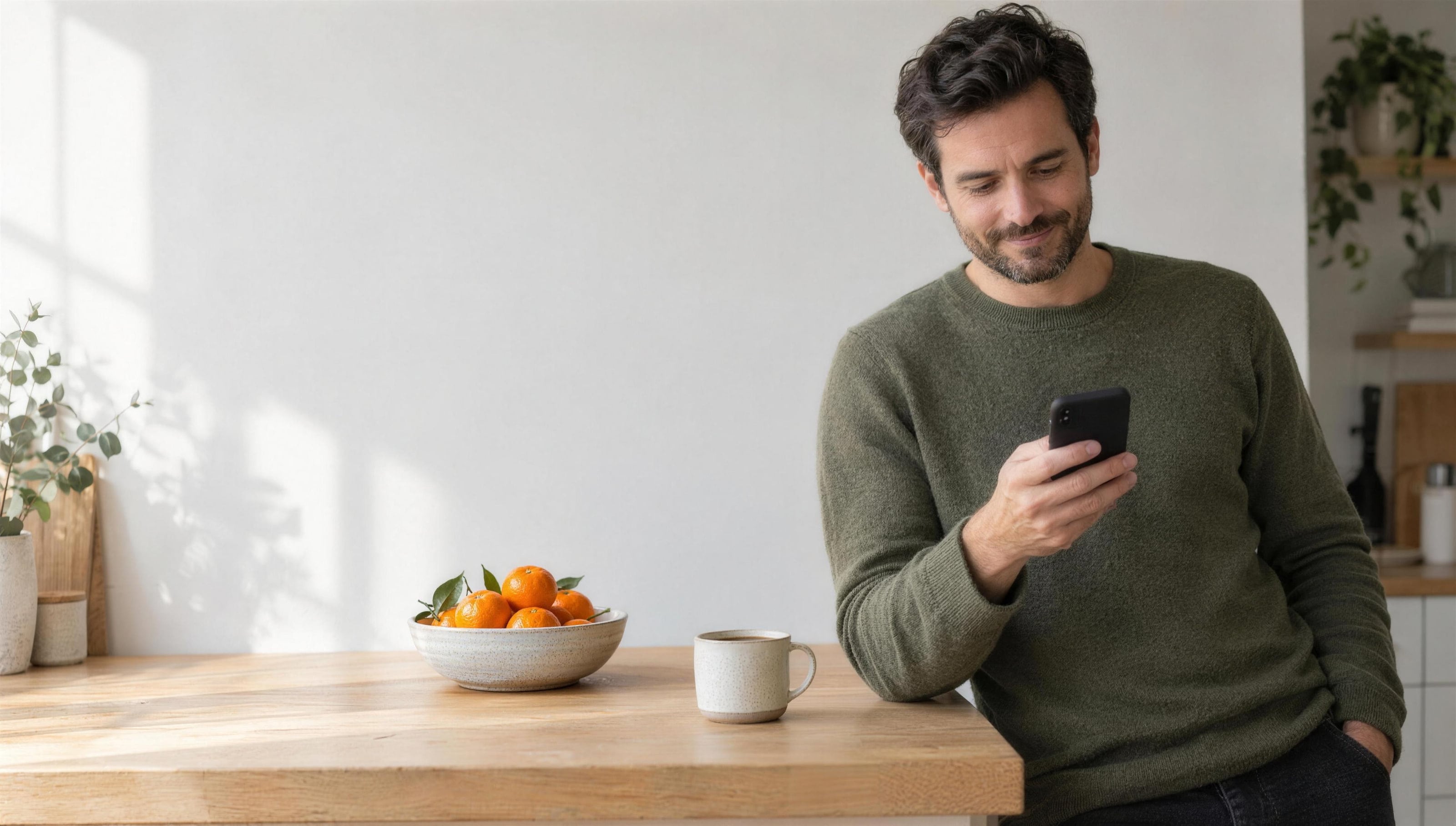 A man in an olive sweater leaning on an oak kitchen counter, smiling slightly as he reads his phone, a bowl of clementines and a cup of coffee beside him.