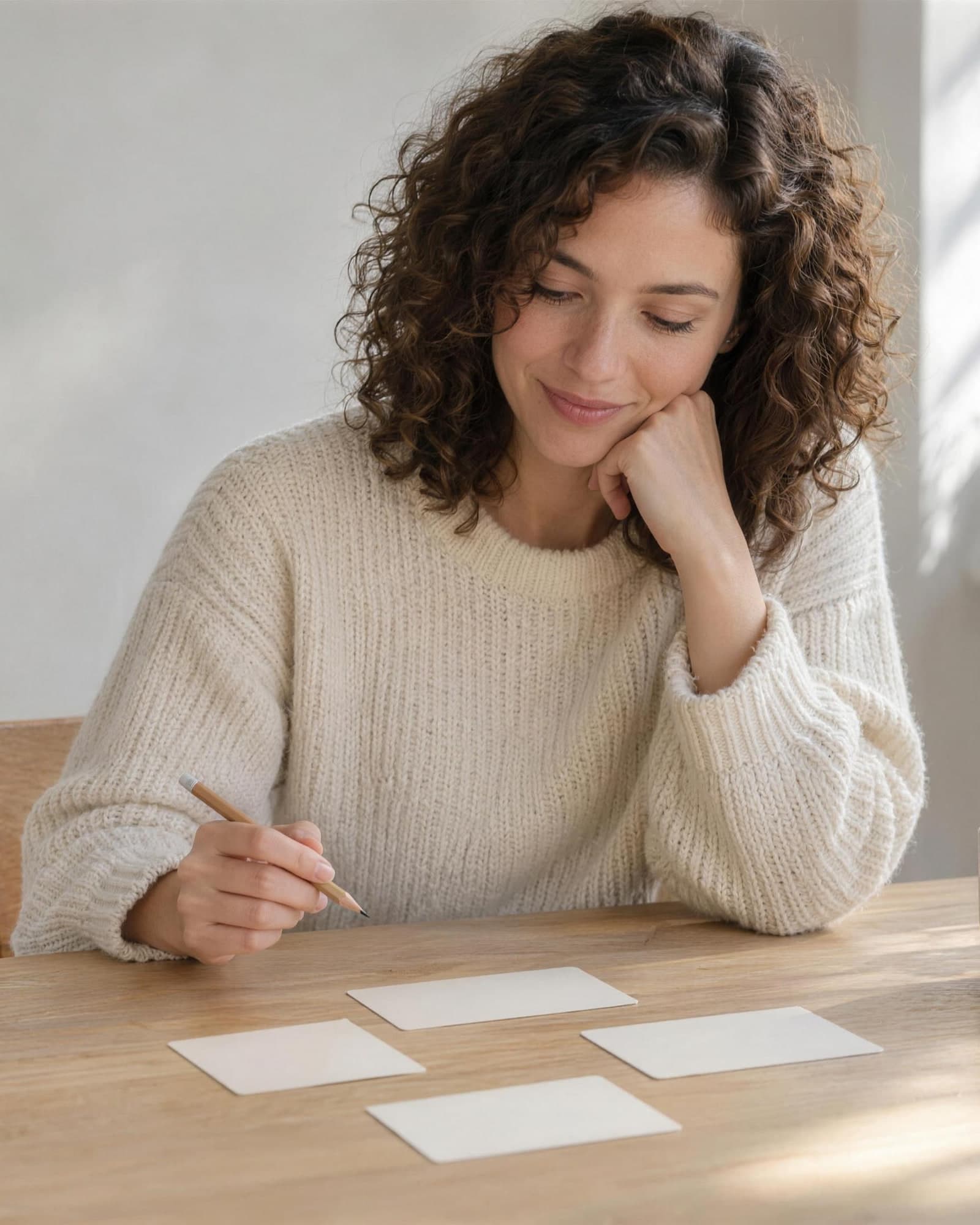 A woman in a cream sweater at an oak table, pencil in hand, smiling down at four blank cards laid out in front of her.