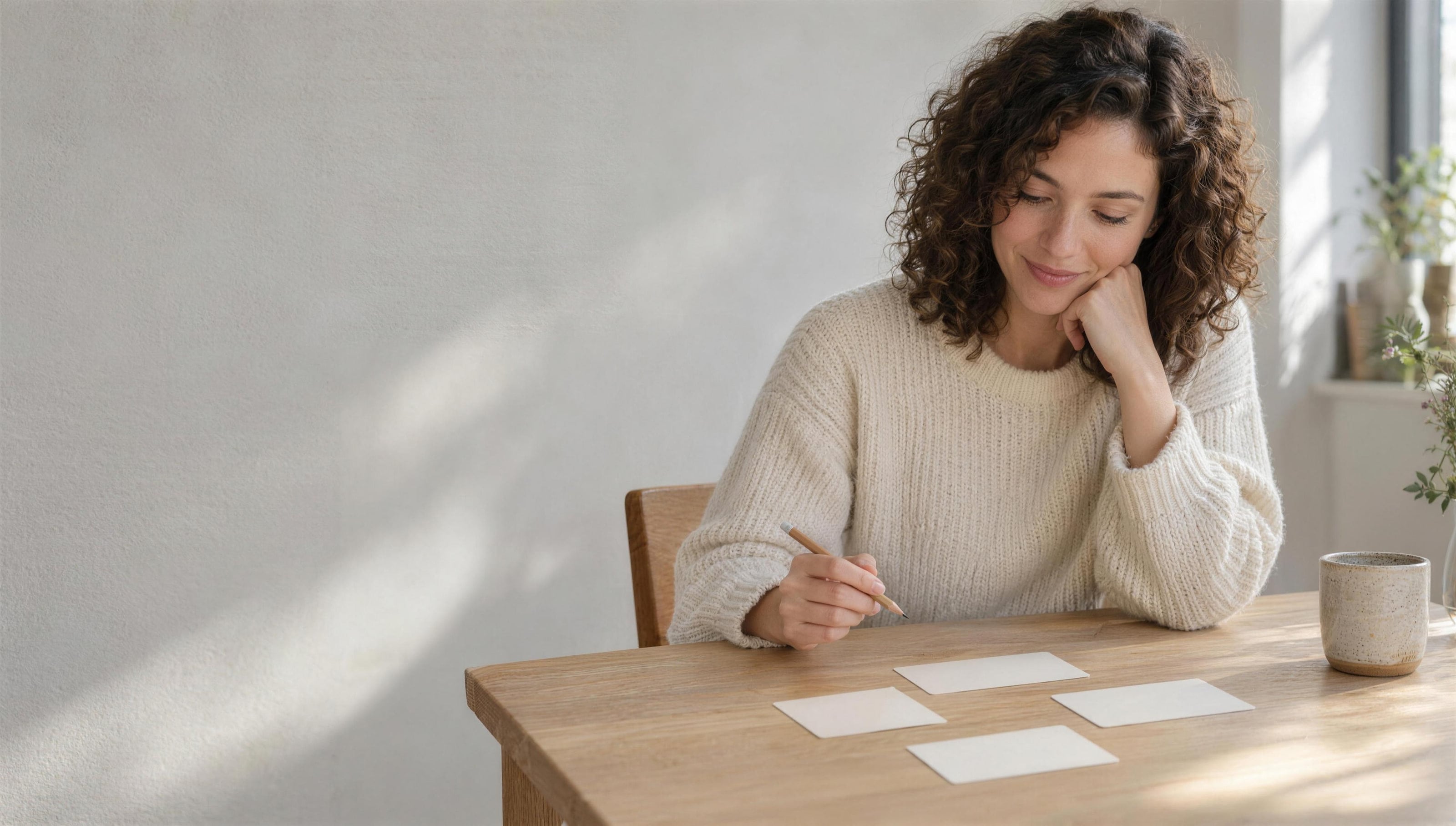 A woman in a cream sweater at an oak table, pencil in hand, smiling down at four blank cards laid out in front of her.