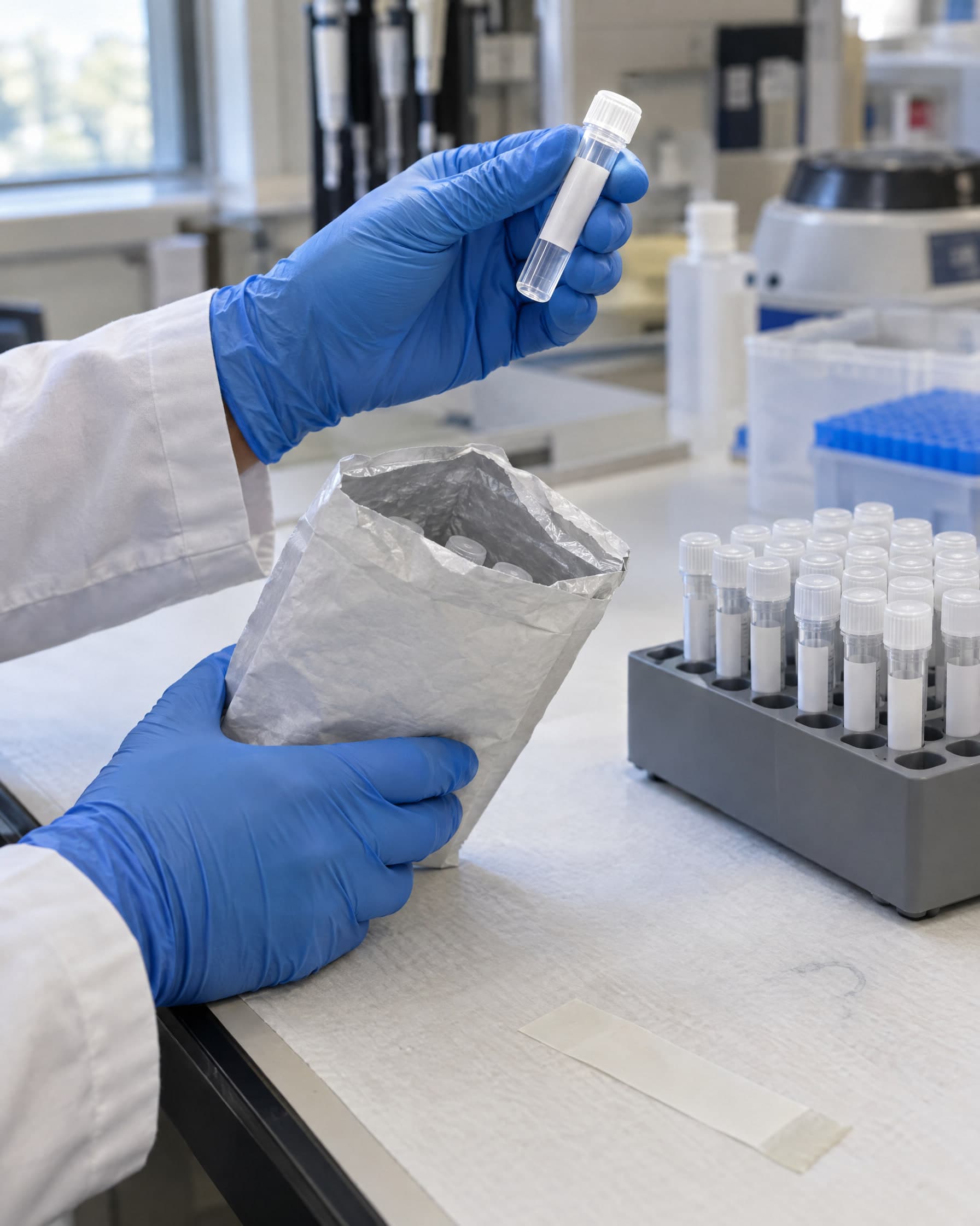 Gloved hands lifting a small capped collection tube out of an opened mailer at a laboratory bench, a rack of identical tubes beside it.