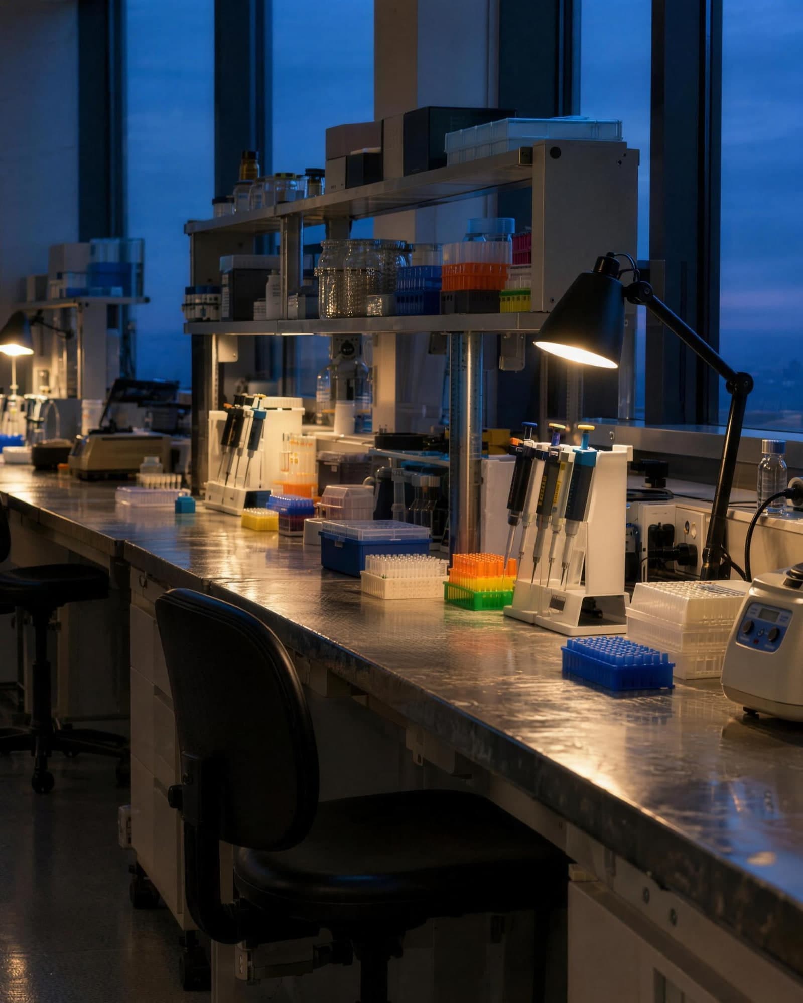 An empty laboratory at dusk: a long steel bench of pipettes, tube racks and a small centrifuge lit by warm bench lamps, deep blue sky in the tall windows.