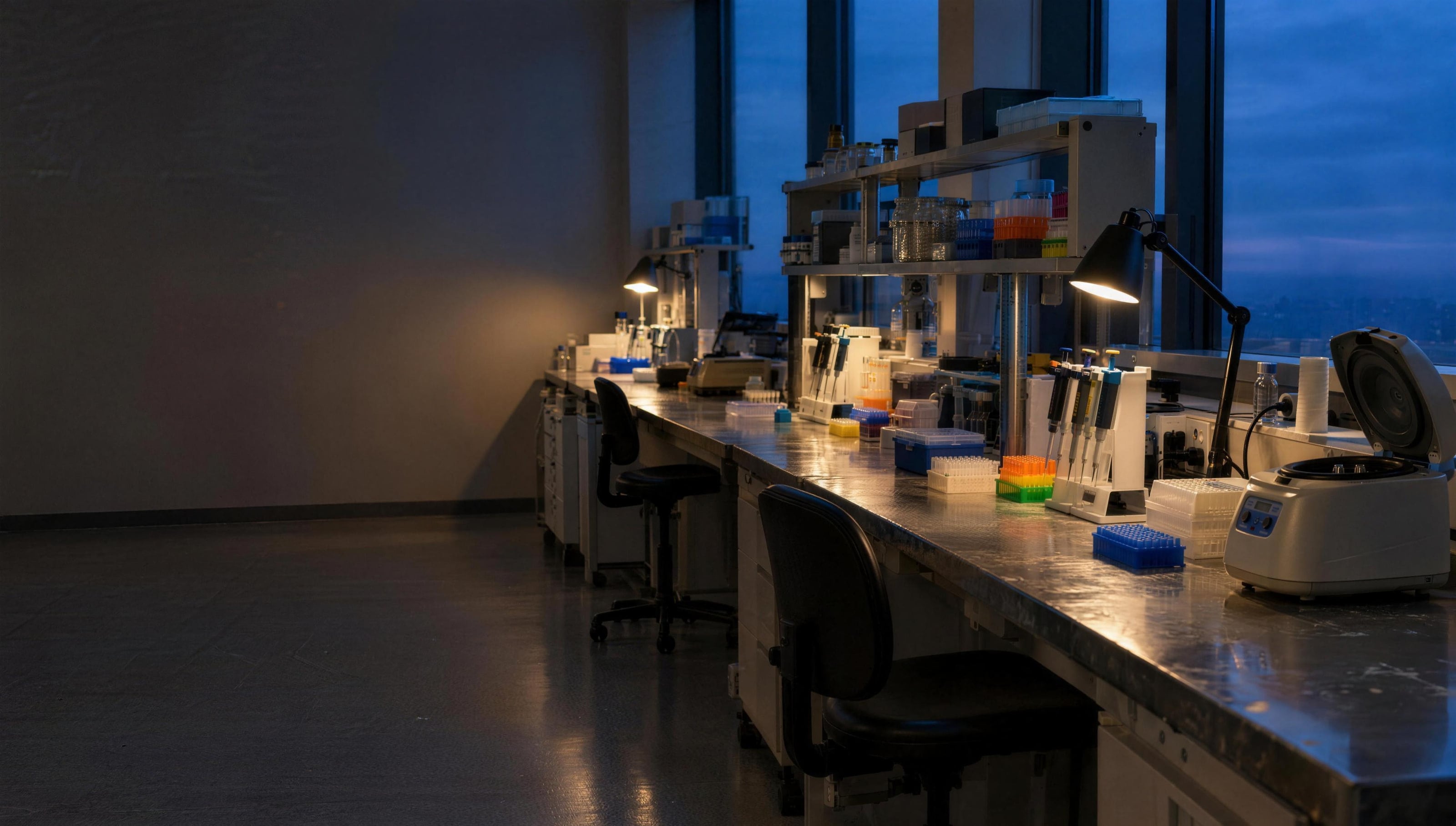 An empty laboratory at dusk: a long steel bench of pipettes, tube racks and a small centrifuge lit by warm bench lamps, deep blue sky in the tall windows.