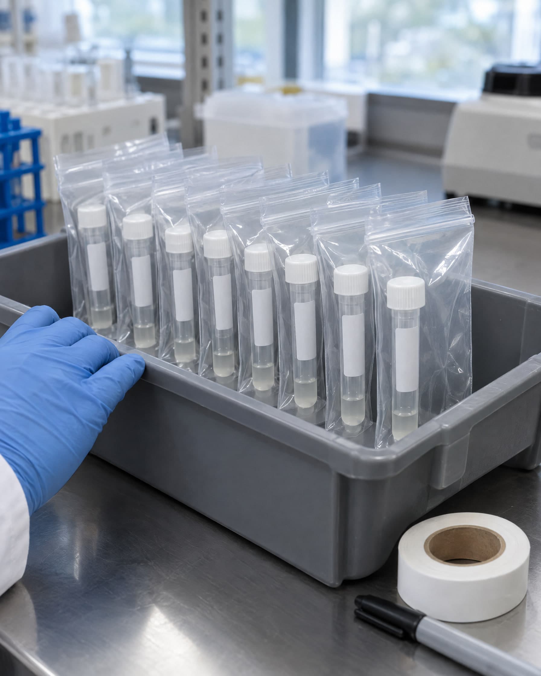 A grey tote of sealed clear bags on a laboratory bench, each holding one white-capped collection tube with a blank label, a gloved hand resting on its edge.