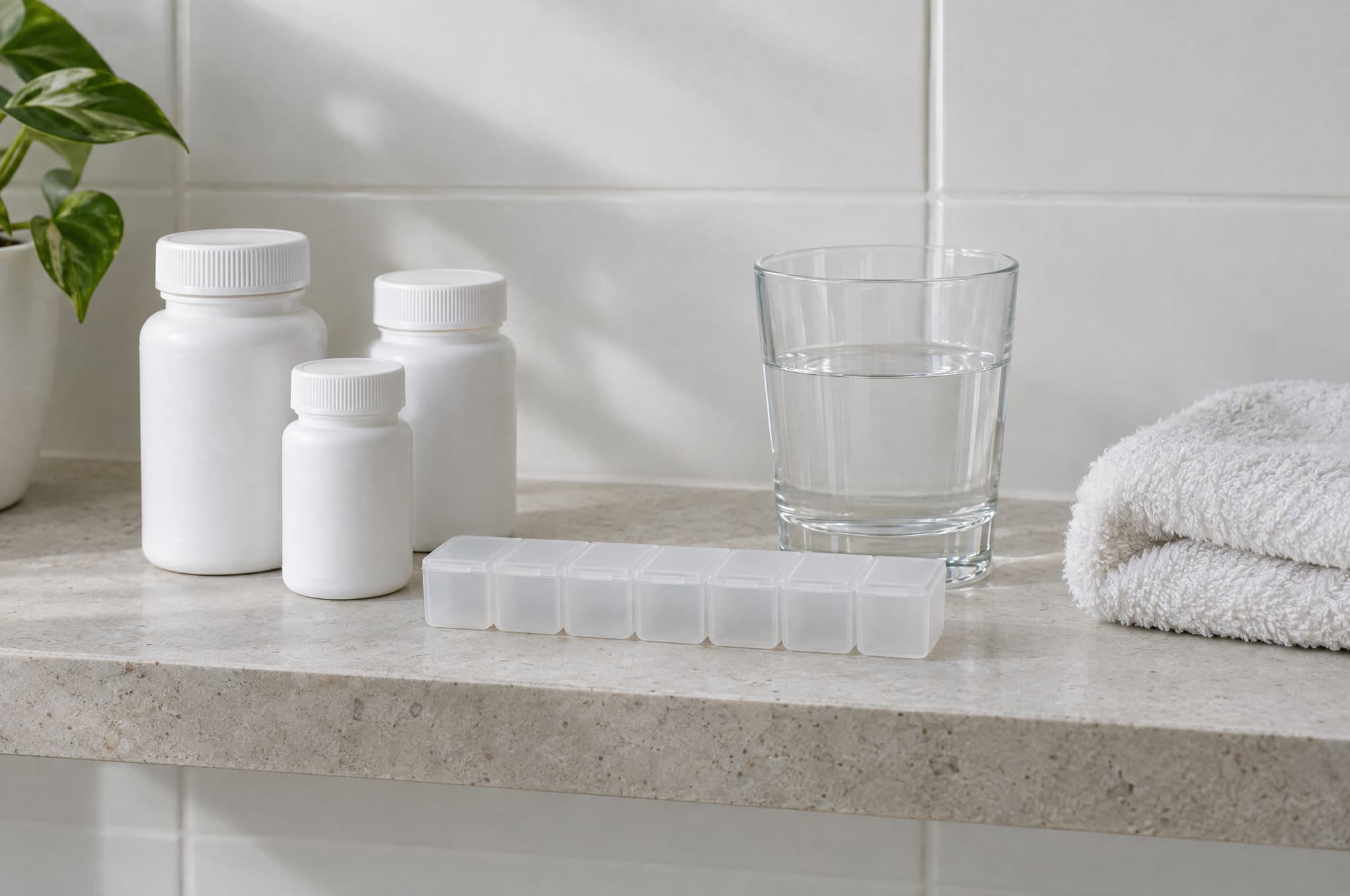 Three plain white pill bottles, a clear weekly pill organizer, a glass of water and a folded towel on a stone bathroom shelf.